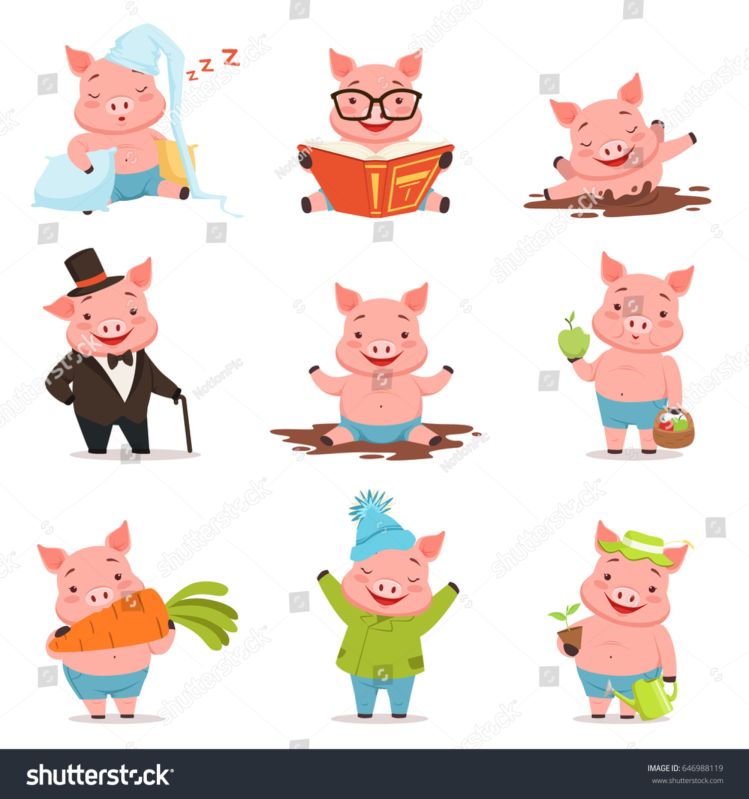 Funny little pigs in different situations set. Colorful cartoon characters vector illustrations