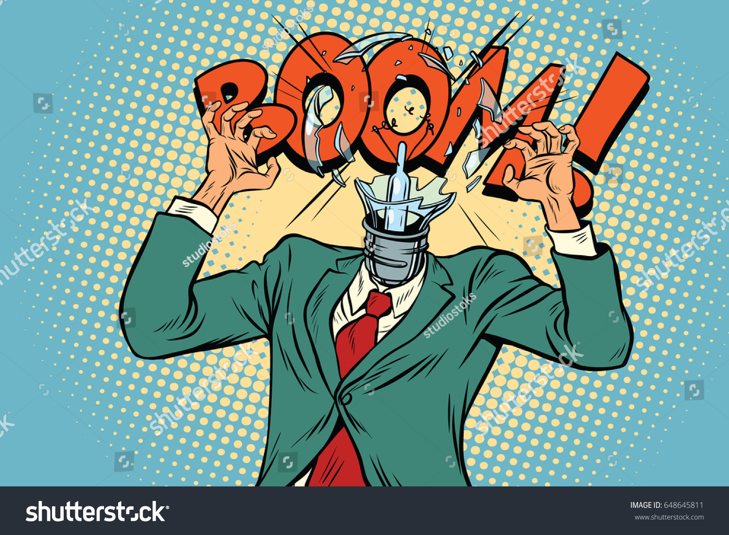 Boom  head exploded light bulb from the stress at work. Pop art retro vector illustration