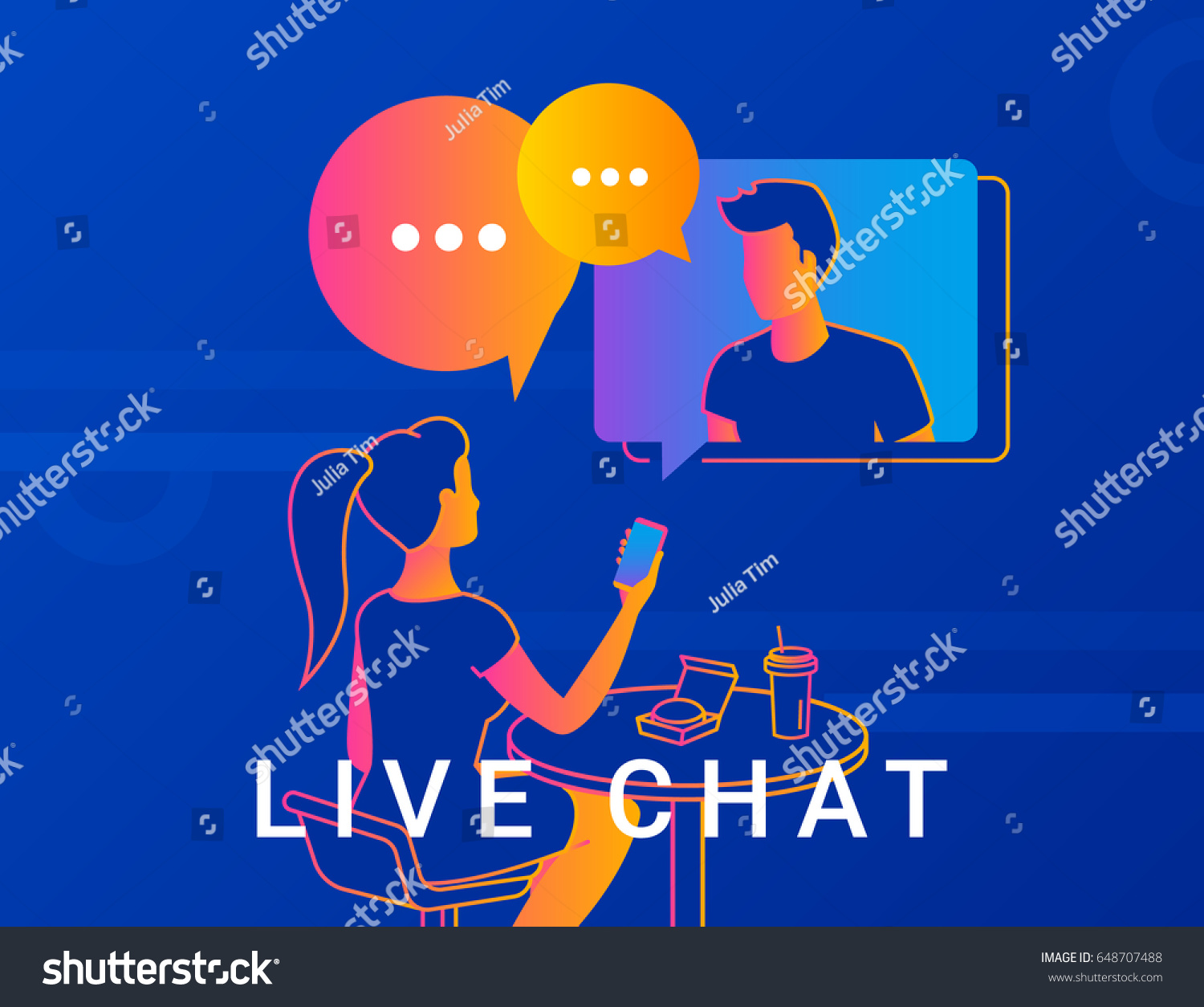 Live chat concept vector illustration of young woman sitting in cafe and having video conversation with her friend. Two people talking with gradient speech bubbles 