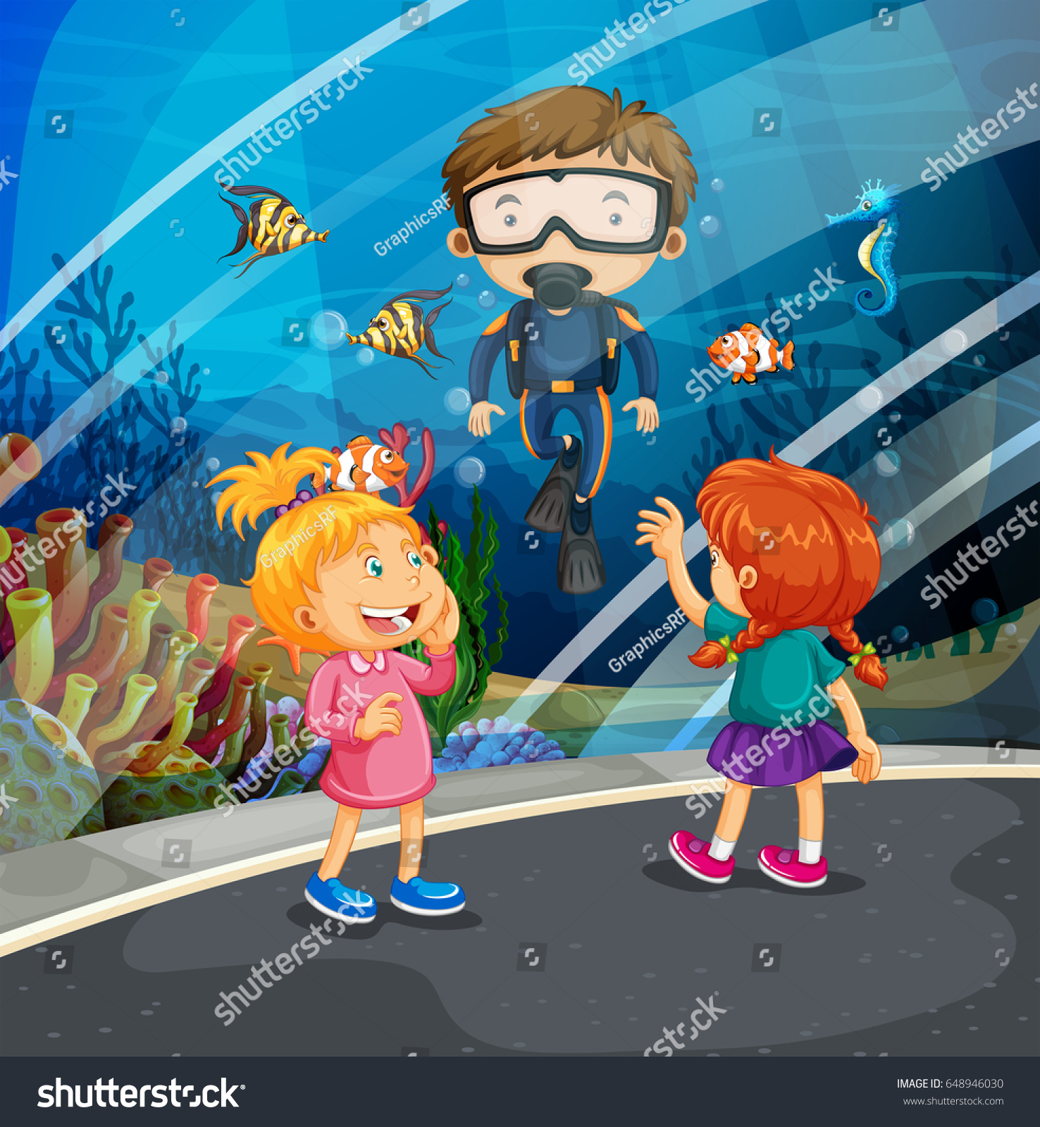 Girls looking at fish and diver in the aquarium illustration