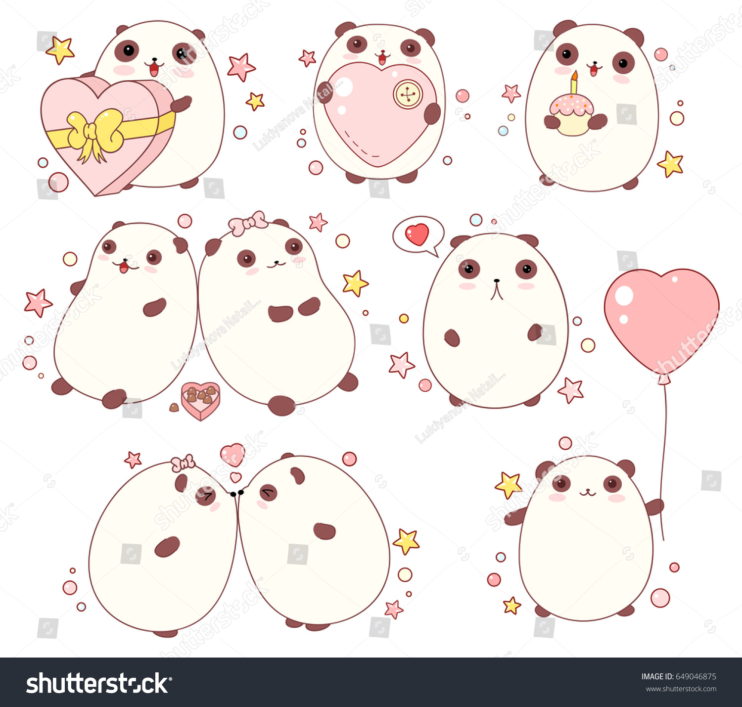Vector collection of cute valentine pandas with different emotions in kawaii style. EPS8