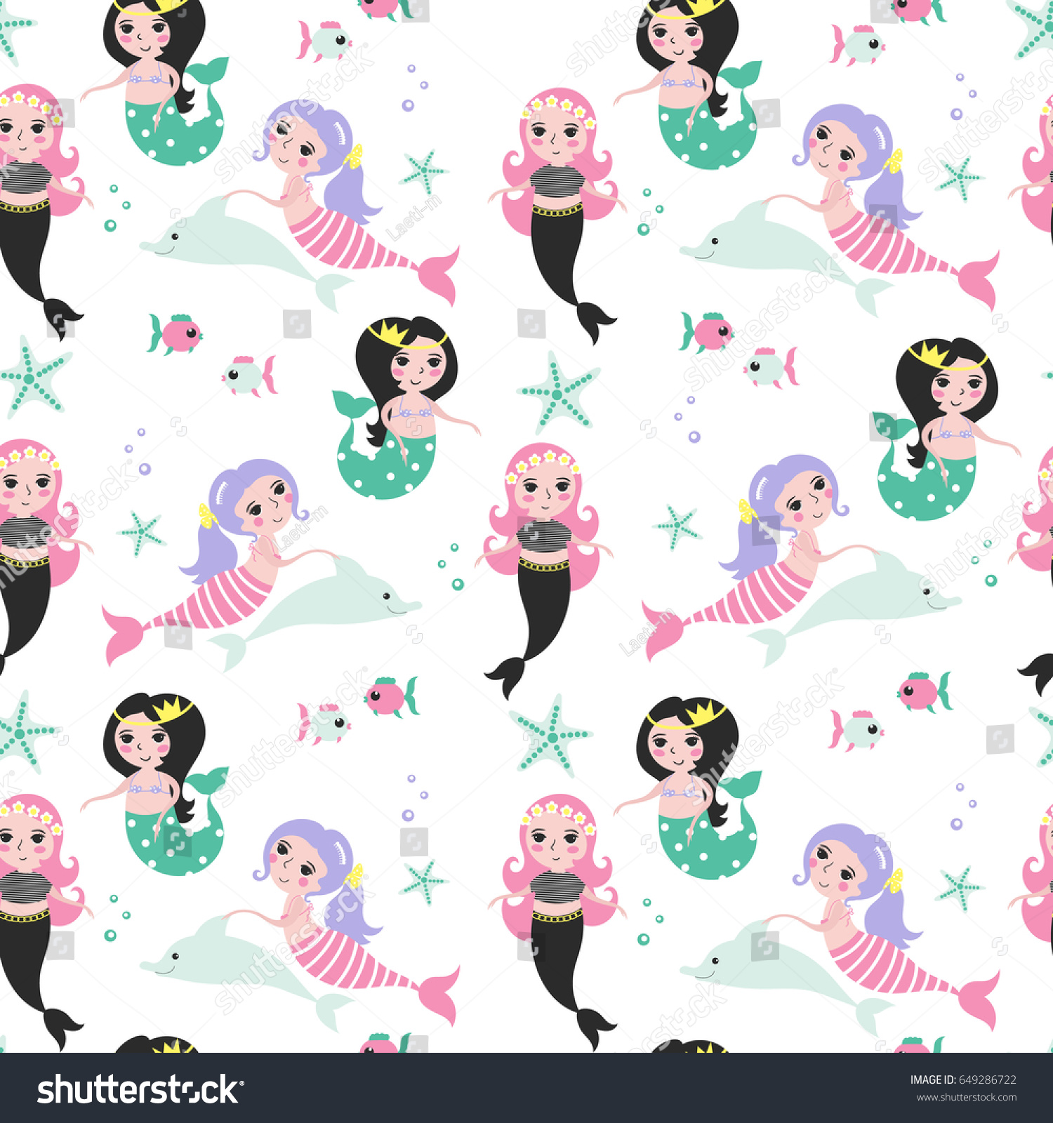 Seamless pattern with different cute mermaids  dolphin  fish and starfish on a white background.