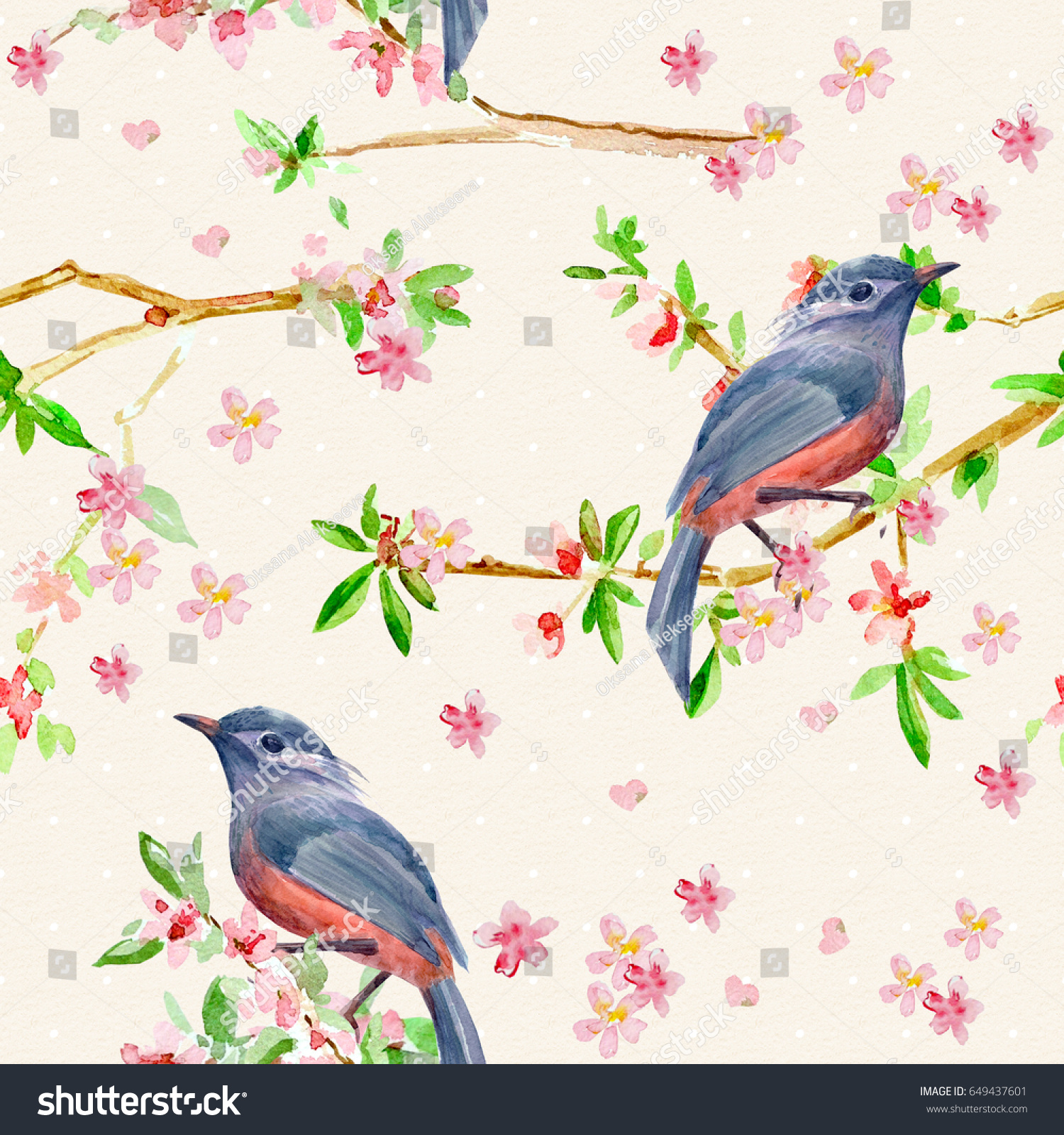vintage seamless texture with pretty birds on flowering twigs. watercolor painting