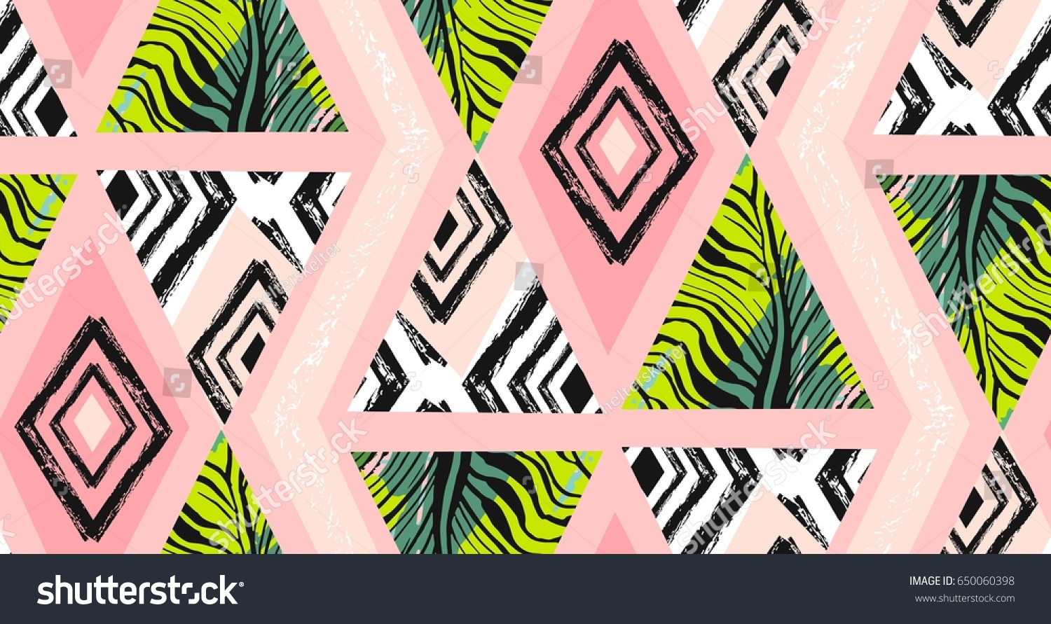 Hand drawn vector abstract freehand textured seamless tropical pattern collage with zebra motif organic textures triangles isolated on pastel background.Wedding save the date birthday fashion decor.