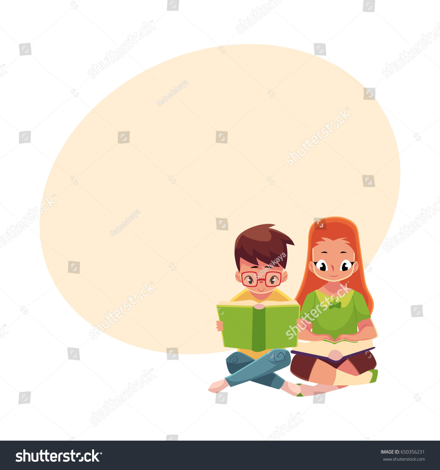 Two kids  boy in glasses and red haired girl  reading books sitting on the floor  cartoon vector illustration with space for text. Kids  boy and girl  reading books  sitting