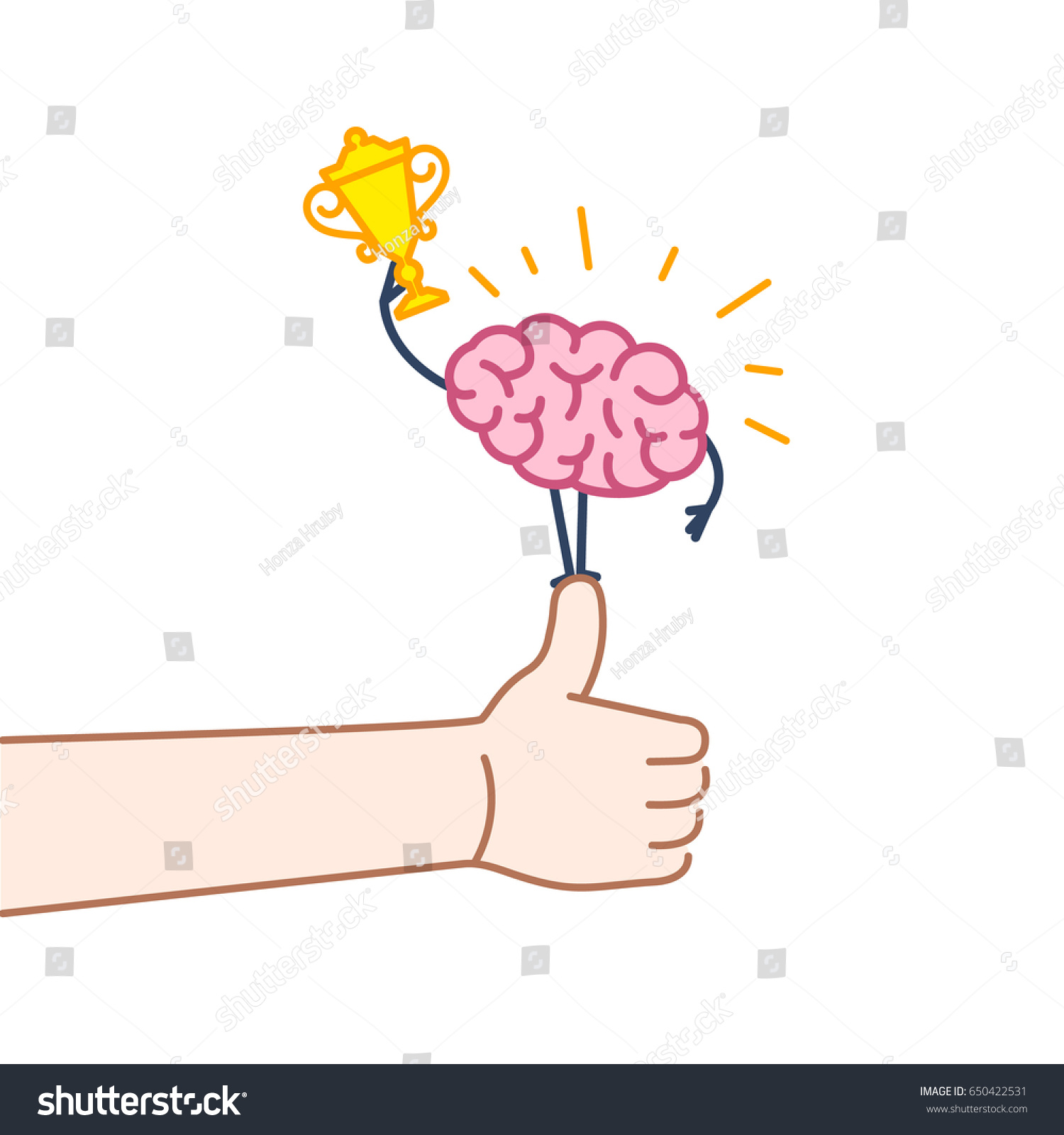 Brain champion. Vector concept illustration of best brain with golden goblet standing on thumb up | flat design linear infographic icon colorful  on white background