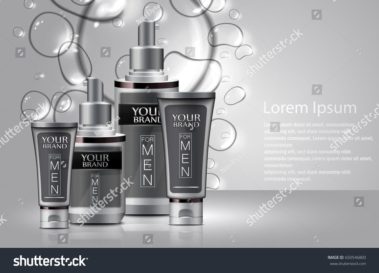 Vector illustration of Different types of cosmetics for men with bubbles