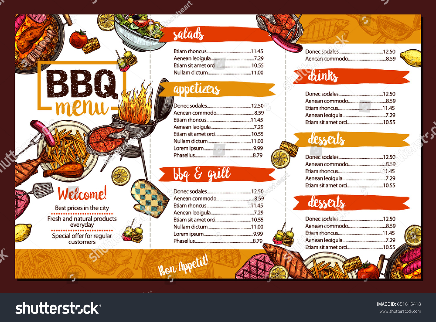 Barbecue Restaurant Menu. Template Design Of Bbq Brochure In Sketch Color Style