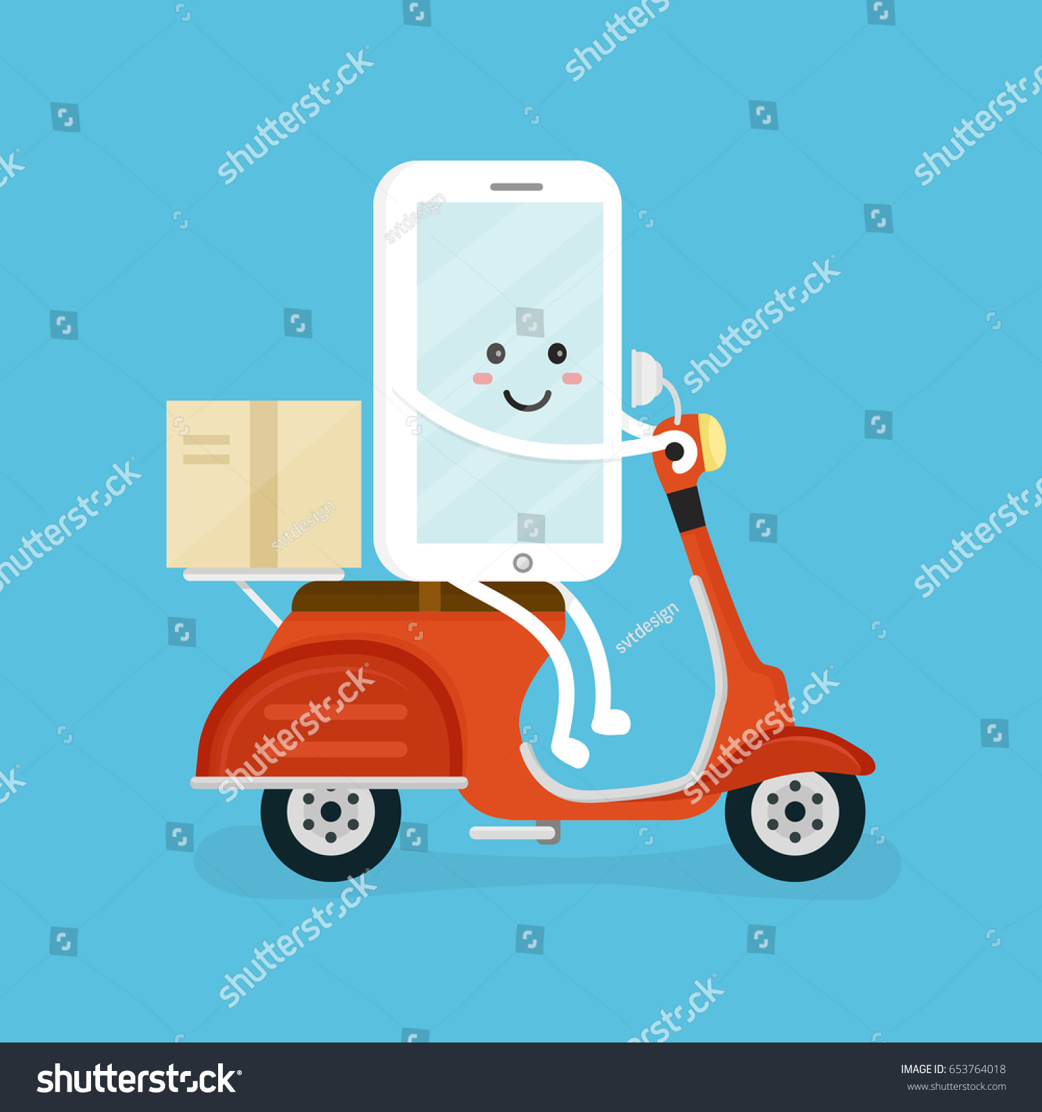 Cute smiling happy smartphone  mobile phone app rides on scooter with parcel. Vector modern flat cartoon character illustration icon design. Speed fast delivery app concept  food courier