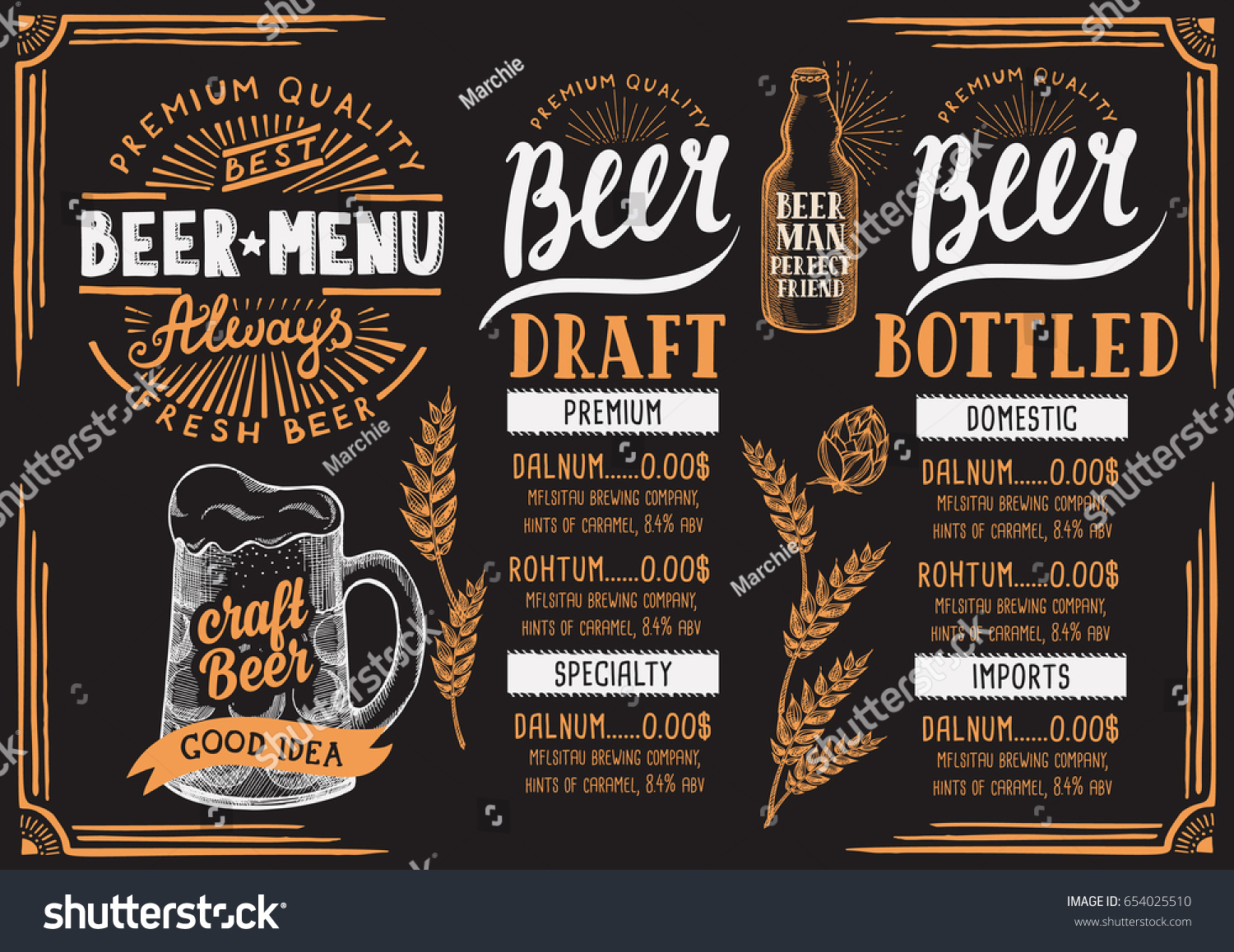 Beer menu for restaurant and cafe. Design template with hand-drawn graphic elements in doodle style.