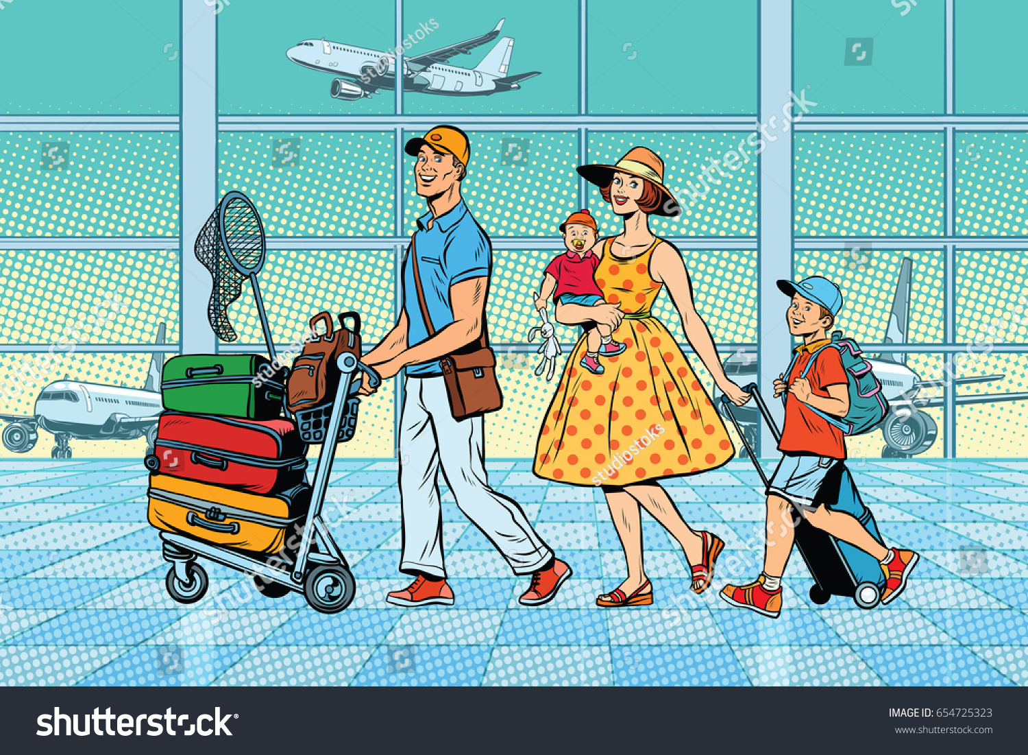 Family travelers at the airport. Pop art retro vector illustration. Air transport