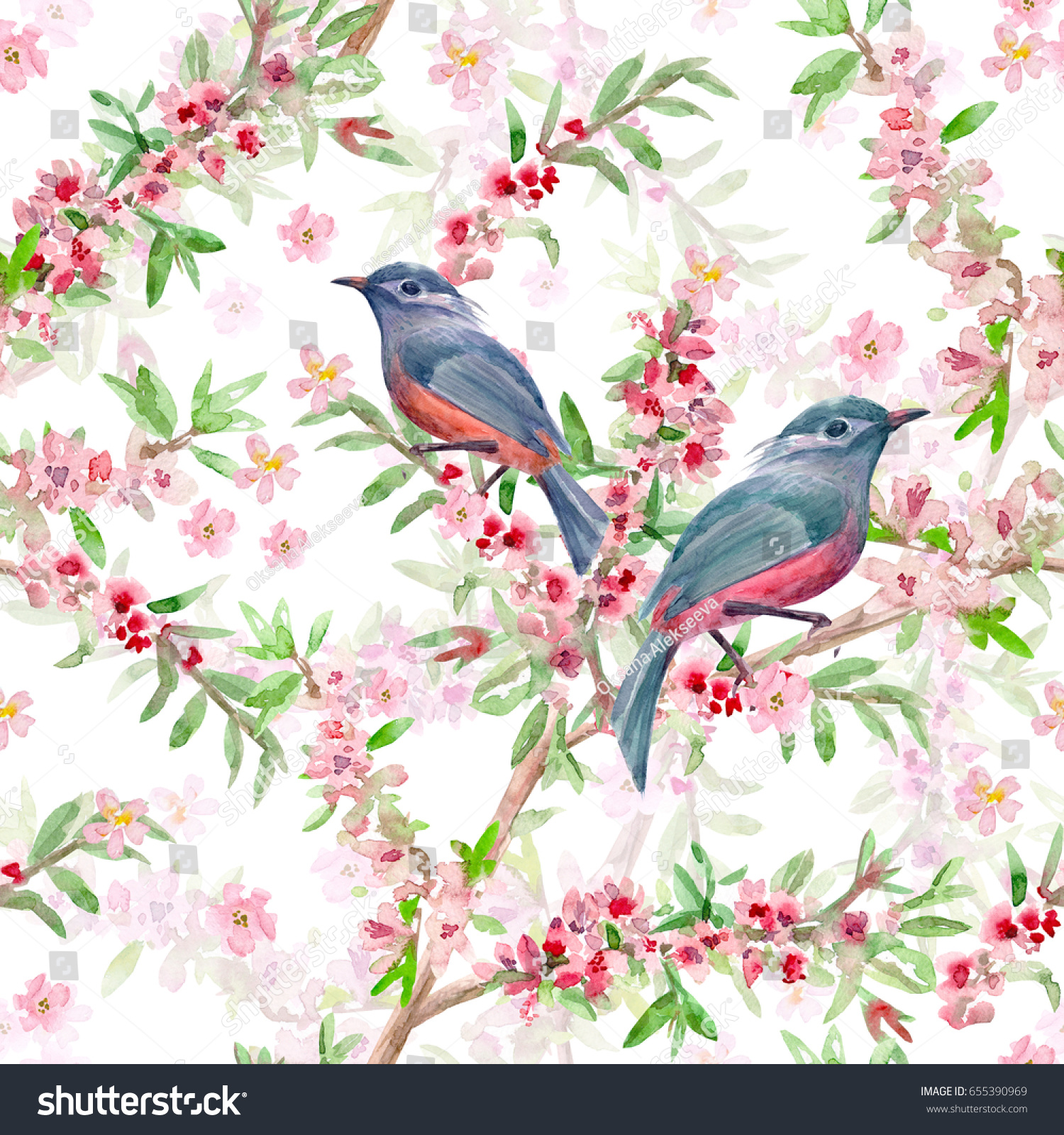 romantic flower seamless texture with cute birds. watercolor painting