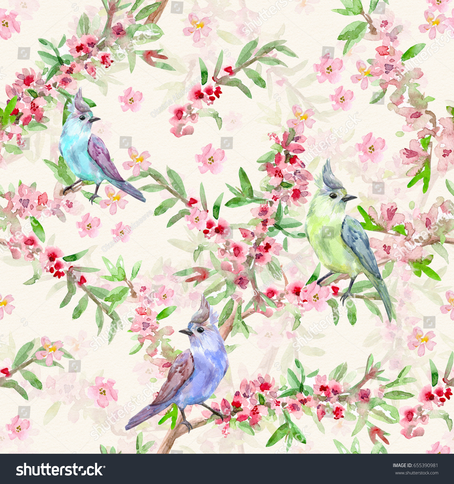 retro flower seamless texture with cute birds. watercolor painting