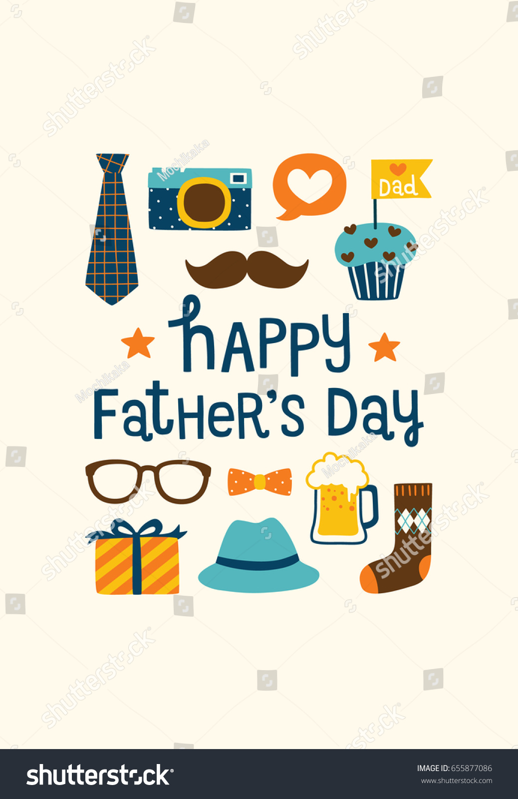 Happy father's day greeting card or postcard with cute icons and design elements collection  mustache  bow  tie  glasses  hat  camera  gift box and sock. Flat design. Vector illustration. 