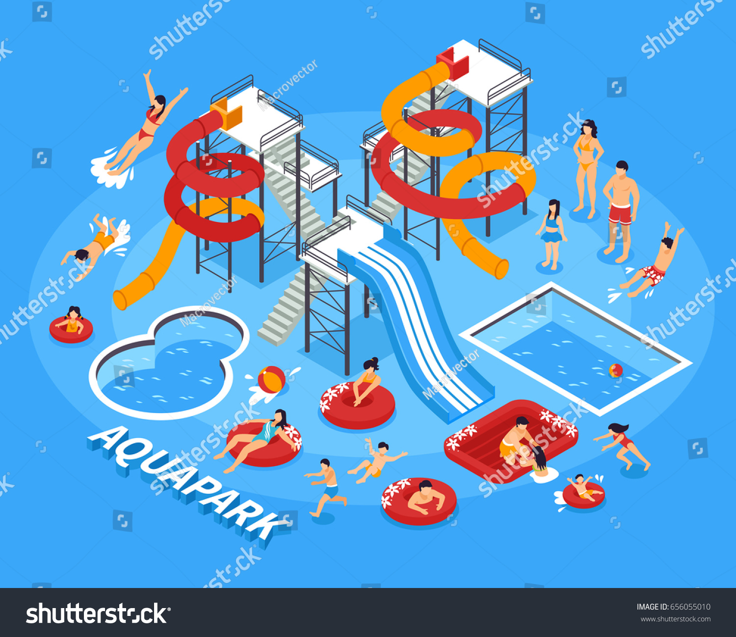 Water park and swimming with people and recreation symbols isometric vector illustration 