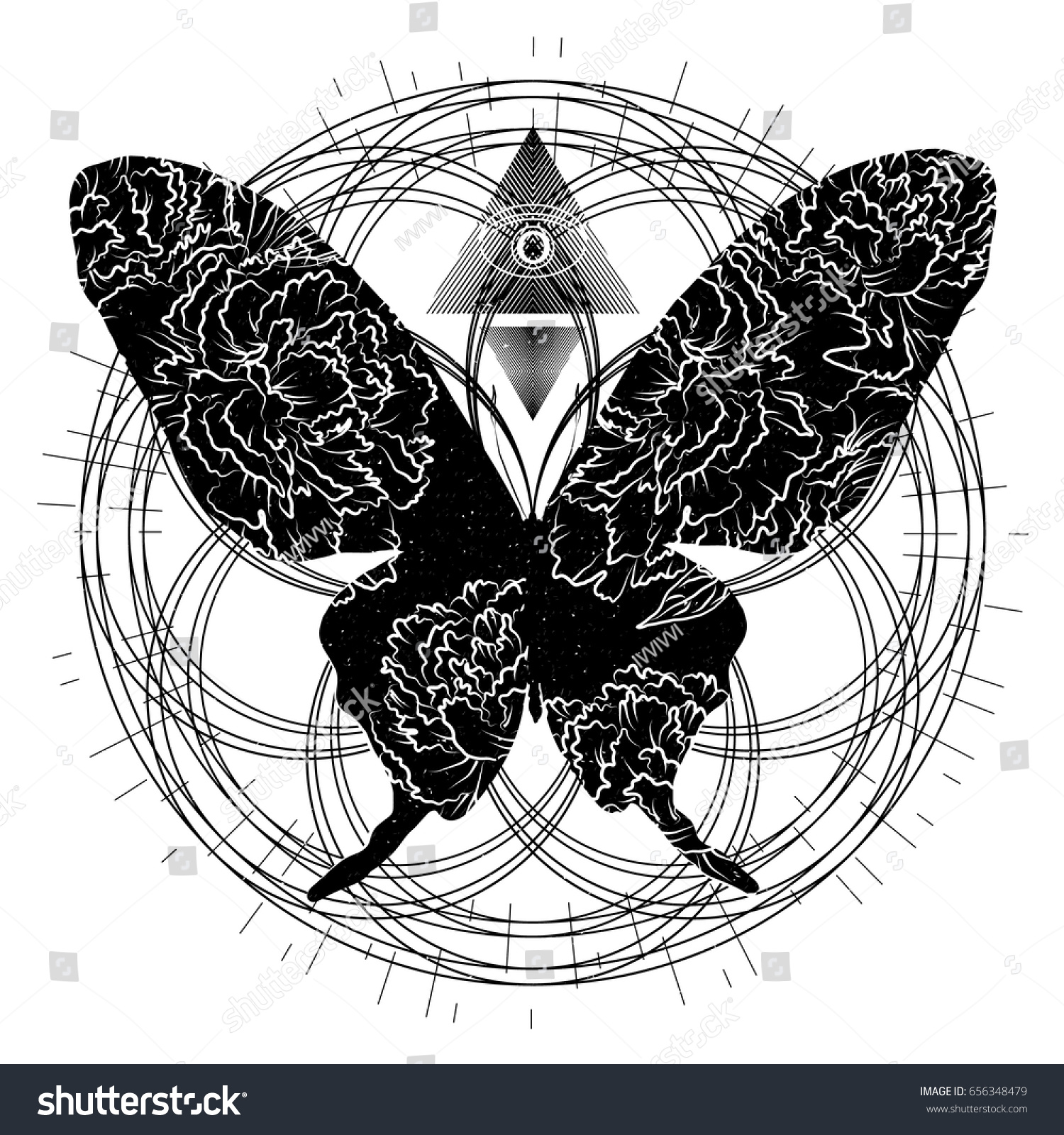 Butterfly tattoo. Spirituality and sacred geometry. Mystical and esoteric for t-shirts design. Vector illustration EPS10.