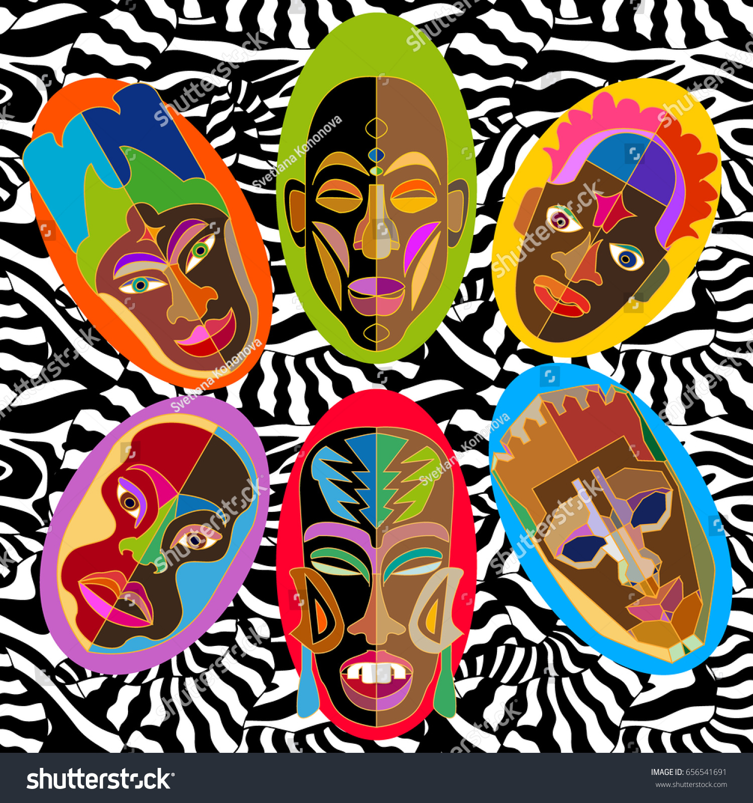 Silk scarf with African masks on zebra print. Design inspired by aboriginal art. Ethnic textile collection. On black and white.