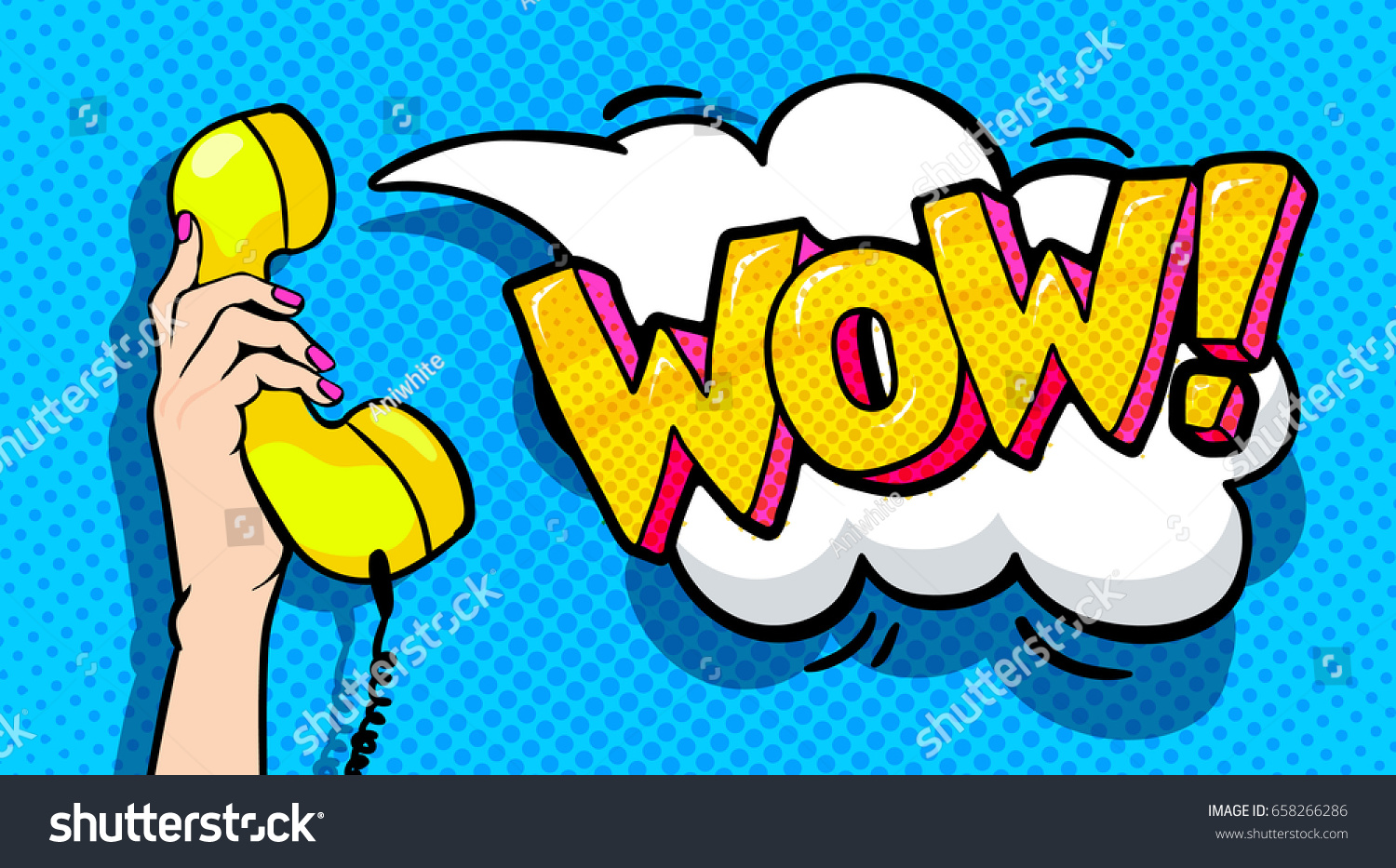 WOW word bubble in pop art comics style. Female hand holding old phone handset with speech bubble.