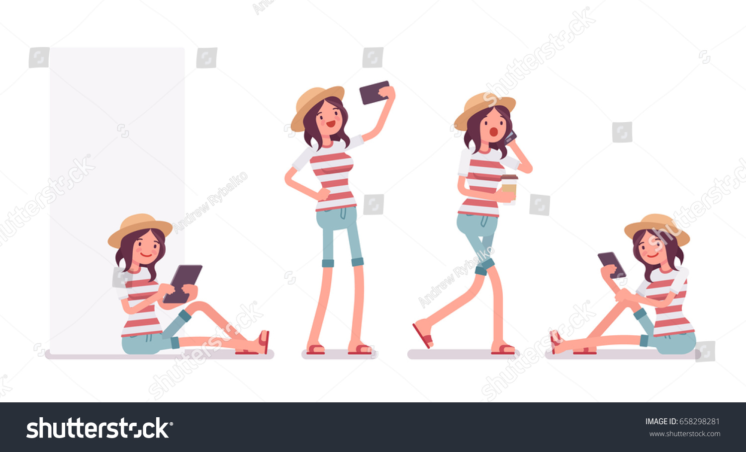 Young smiling woman wearing leisure summer fit  trendy stripe print  beach shoes  sitting with tablet  phone talking  making selfie. Vector flat style cartoon illustration  isolated  white background