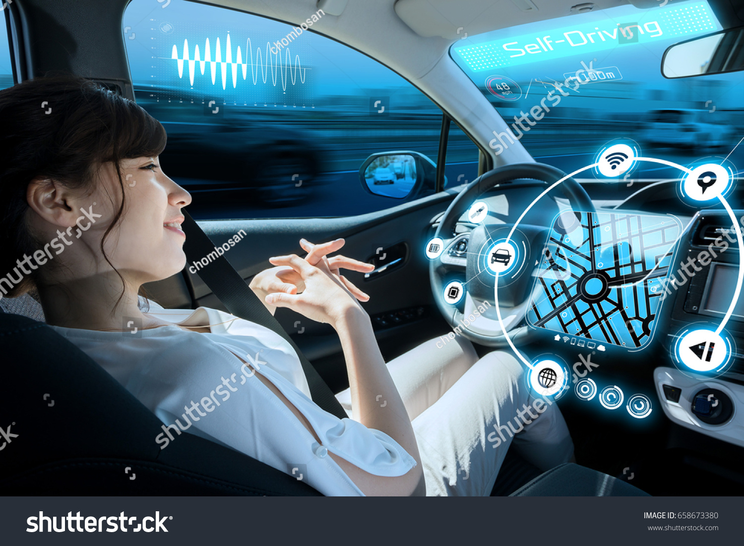 relaxed woman in autonomous car. self driving vehicle. autopilot. automotive technology.
