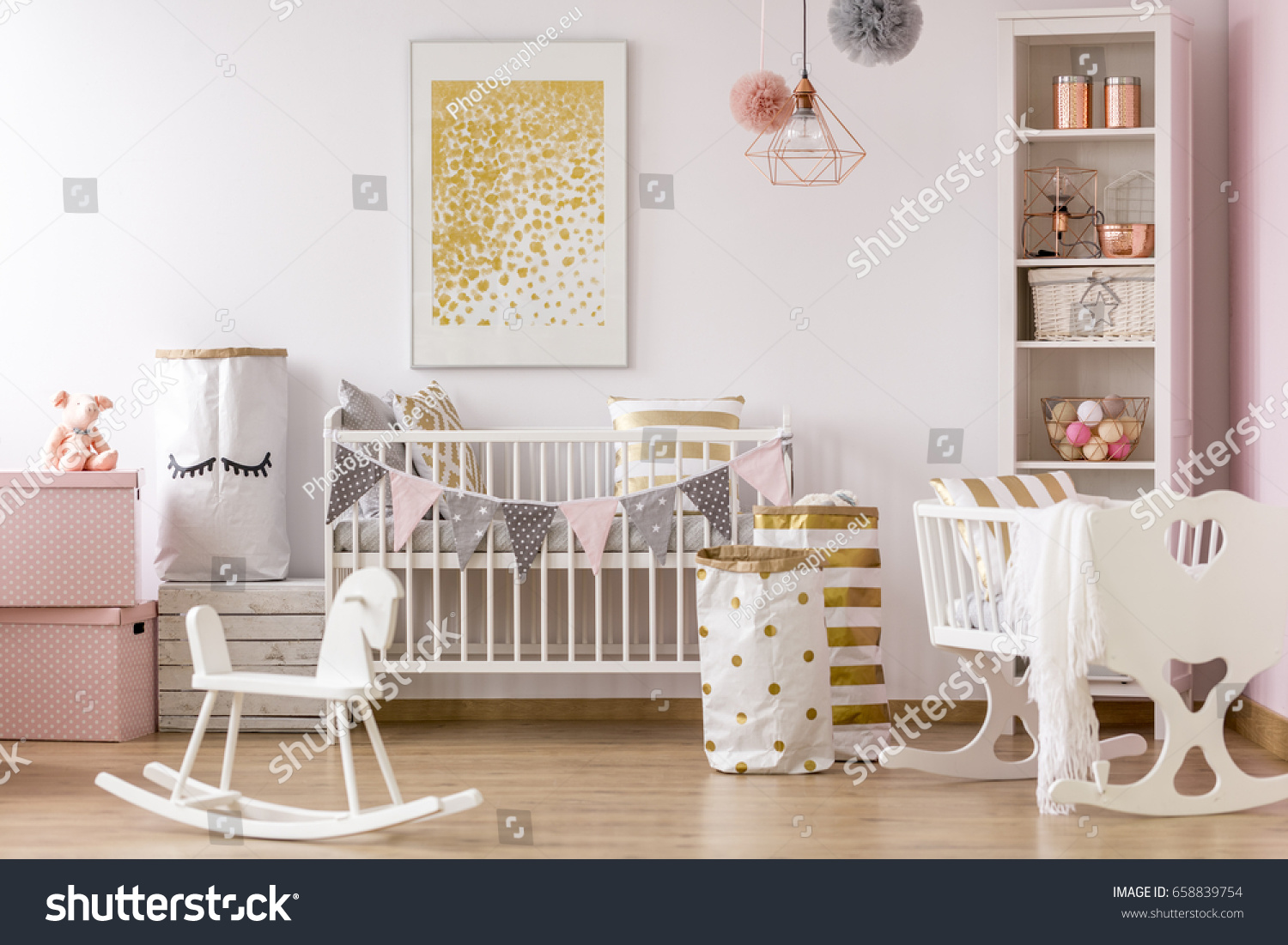 Bright crib nook with golden dots poster and golden accents