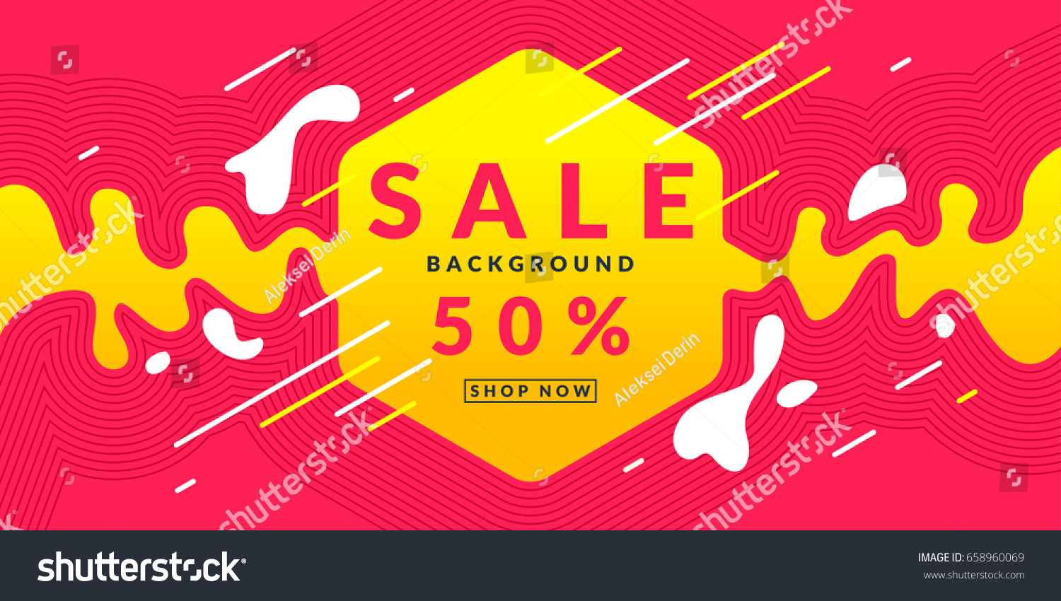 Bright colorful poster Sale 50 percent with dynamic waves and splashes. Vector illustration in flat style
