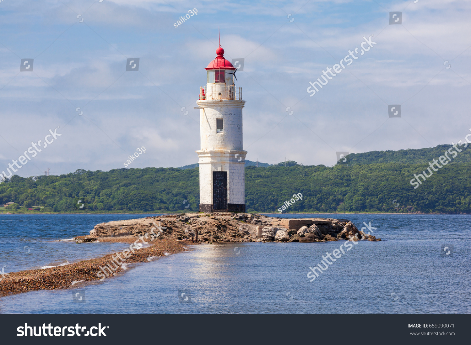 Lighthouse Tokarevskiy Egersheld on Tokarevskaya Koshka cape in Vladivostok Primorsky Krai in Russia