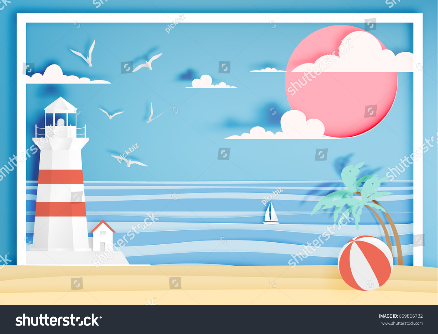 Beautiful beach paper art style with frame vector illustration
