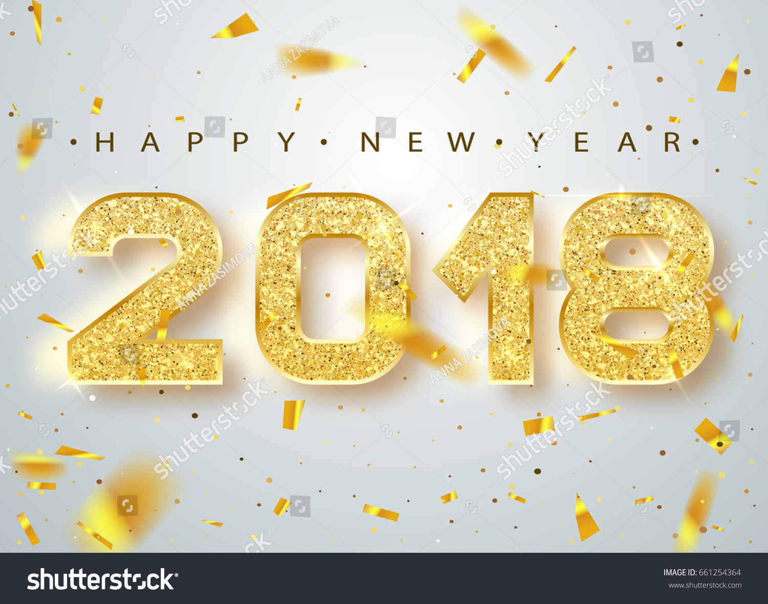 2018新年快乐。坠落五彩纸屑的贺卡的黄金数字设计。金色闪亮图案。新年快乐横幅 2018年的数字在明亮的背景下。矢量图。