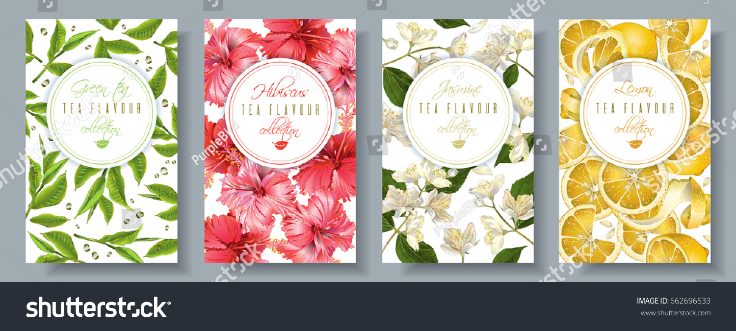 Vector popular tea flovour vertical banners set. Green tea  hibiscus  jasmine  lemon. Design for packaging  drink menu and tea products. Can be used as summer background
