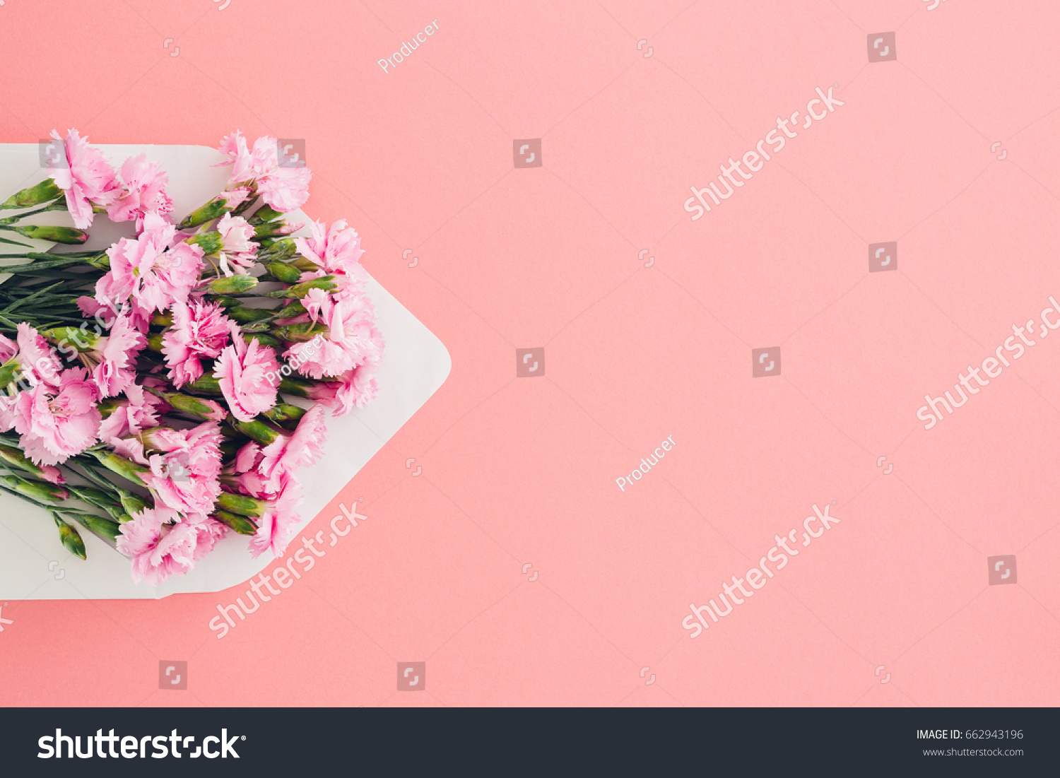 White envelope with pink beautiful flowers on a pink background. mail for you