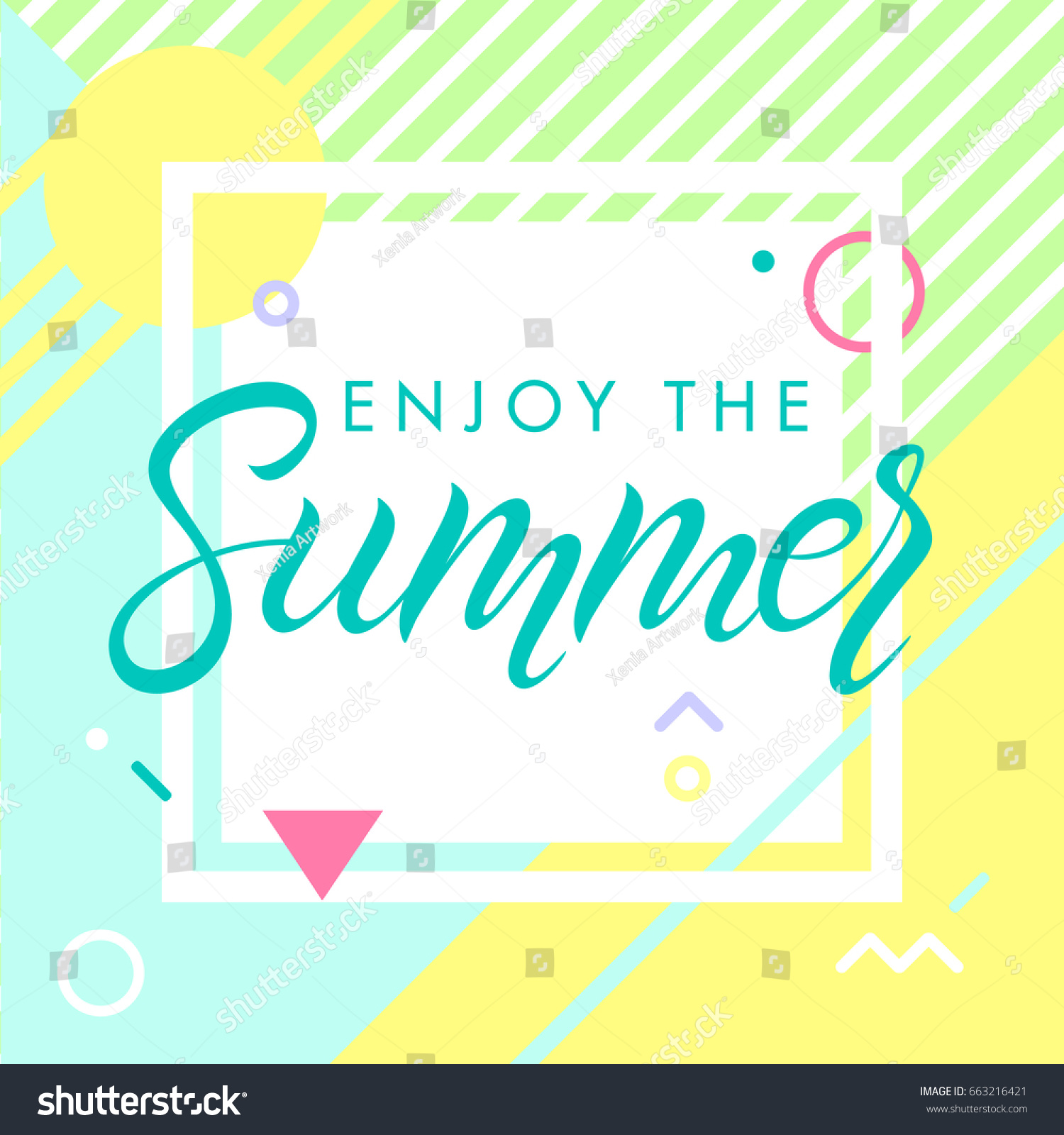 Hand drawn lettering enjoy the summer with bright background  pattern and geometric elements in memphis style.Abstract design card perfect for prints flyers banners invitations special offer and more.