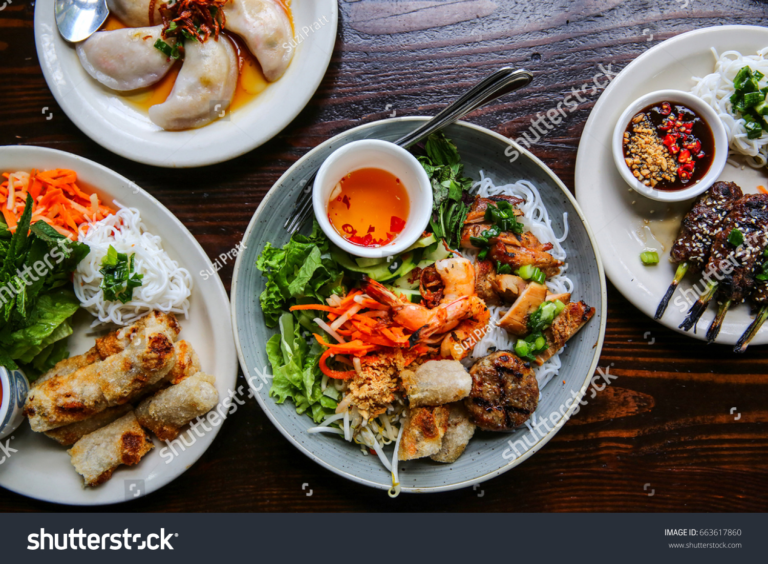 Fresh Healthy Vietnamese Asian Vermicelli Noodle Salad Bowl with Shrimp and Vegetables