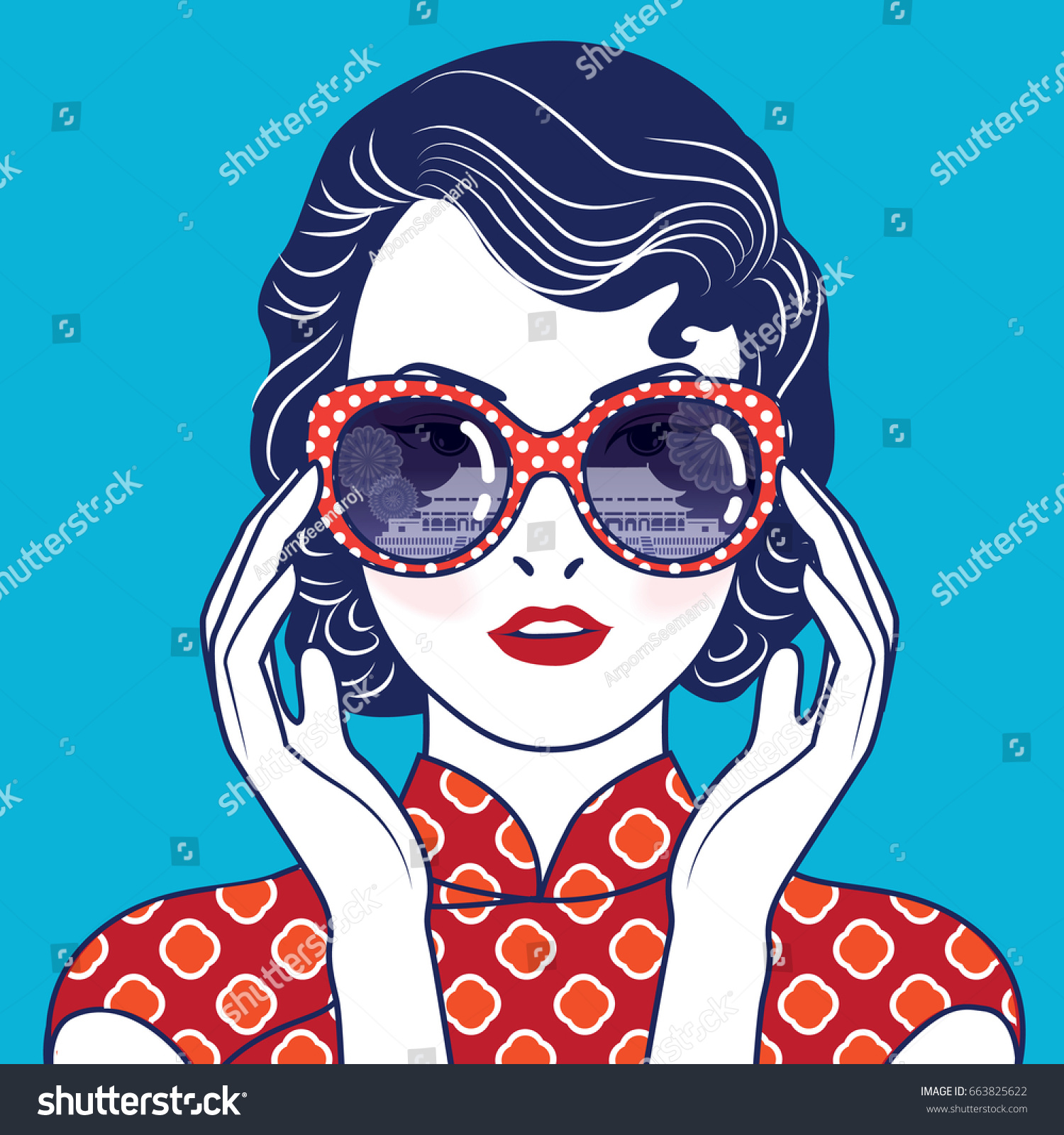 Reflection of Imperial Palaces of the Ming Dynasties In the glasses of Chinese Lady. Vector  illustration