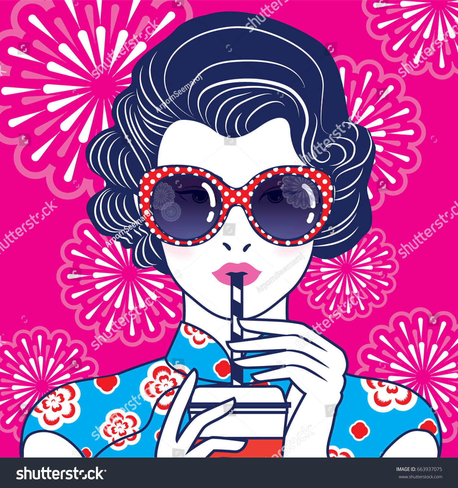 Vector of Retro Chinese Lady Drink with a straw on fireworks pattern background.