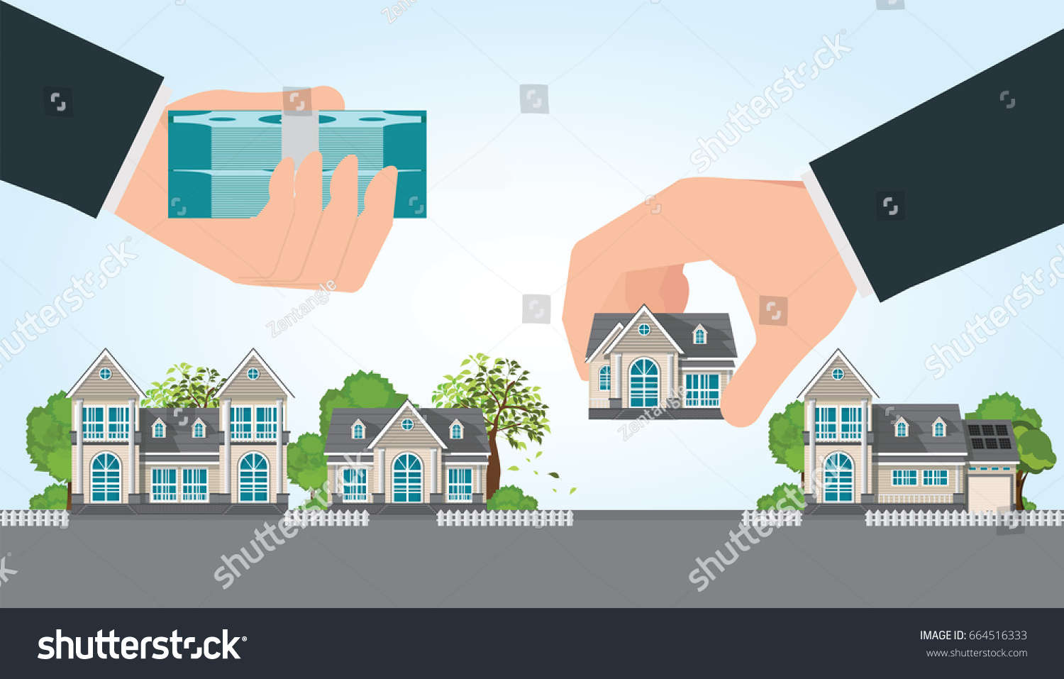 Human hand holding right house and money  exchange conceptual property for sale  real estate conceptual vector illustration.