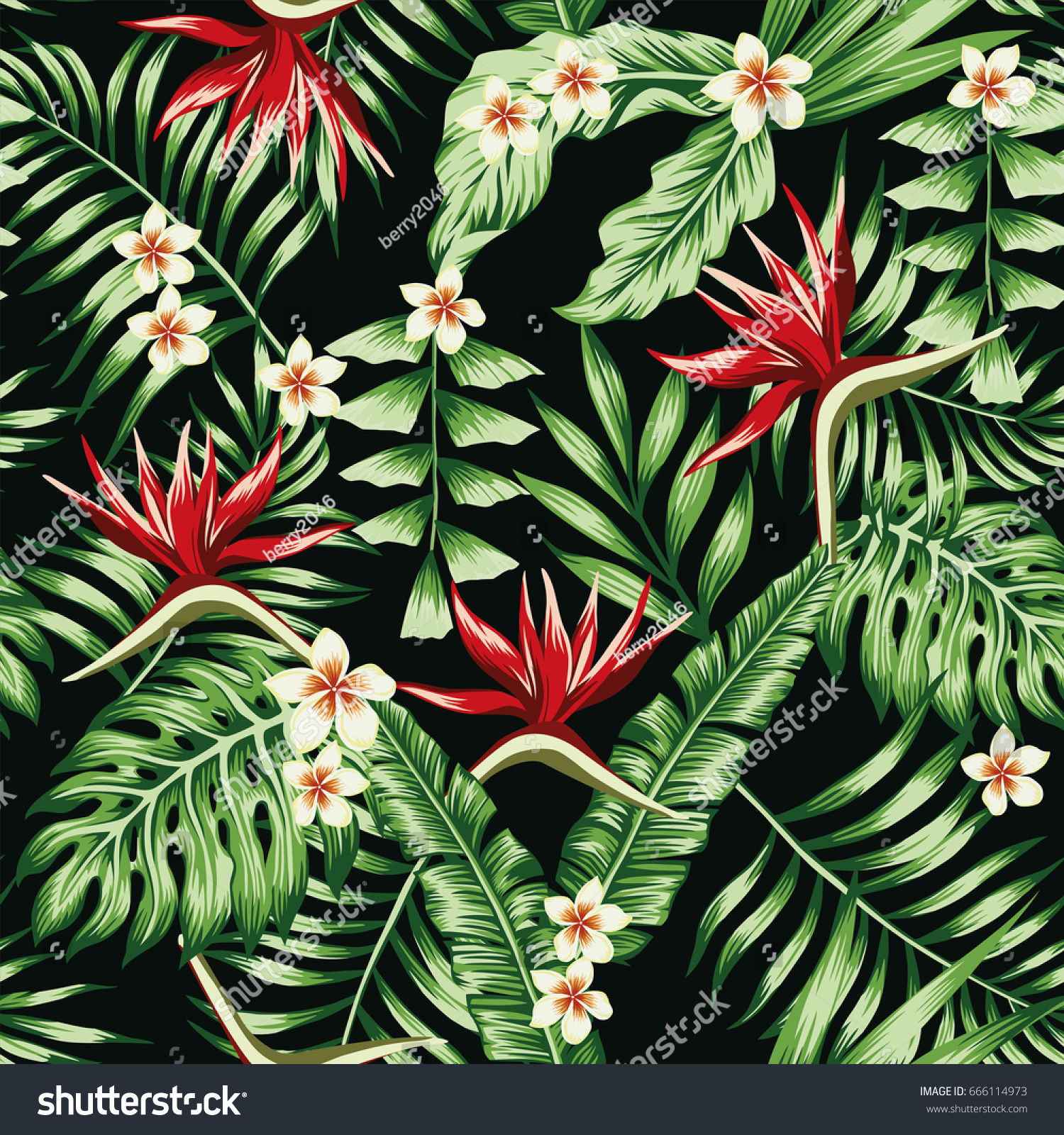 Tropical plants leaves and flowers of the frangipani plumeria and the bird of paradise. Seamless beach pattern on black background wallpaper