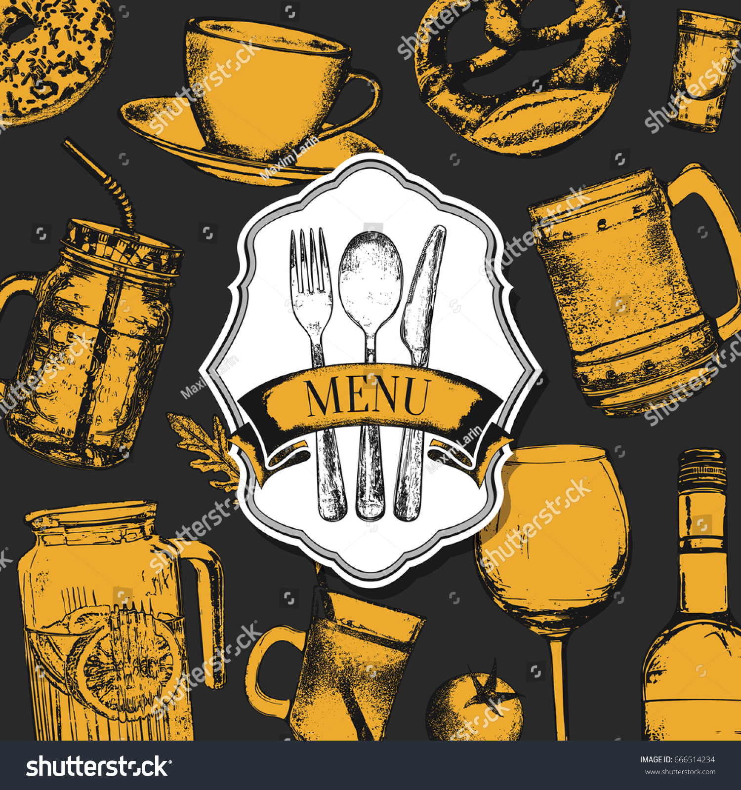 Restaurant menu design. Vector menu brochure template for cafe  coffee house  restaurant  bar. Food and drinks logotype symbol design. With a sketch pictures