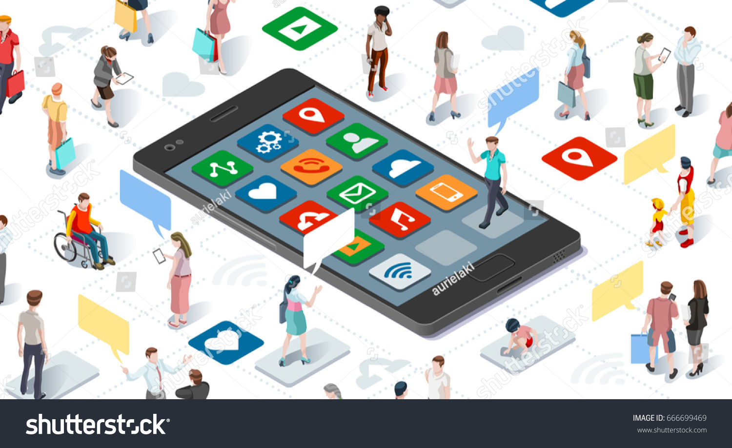 Isometric people and connecting devices smartphone social media graphic vector template illustration. Children graphic.