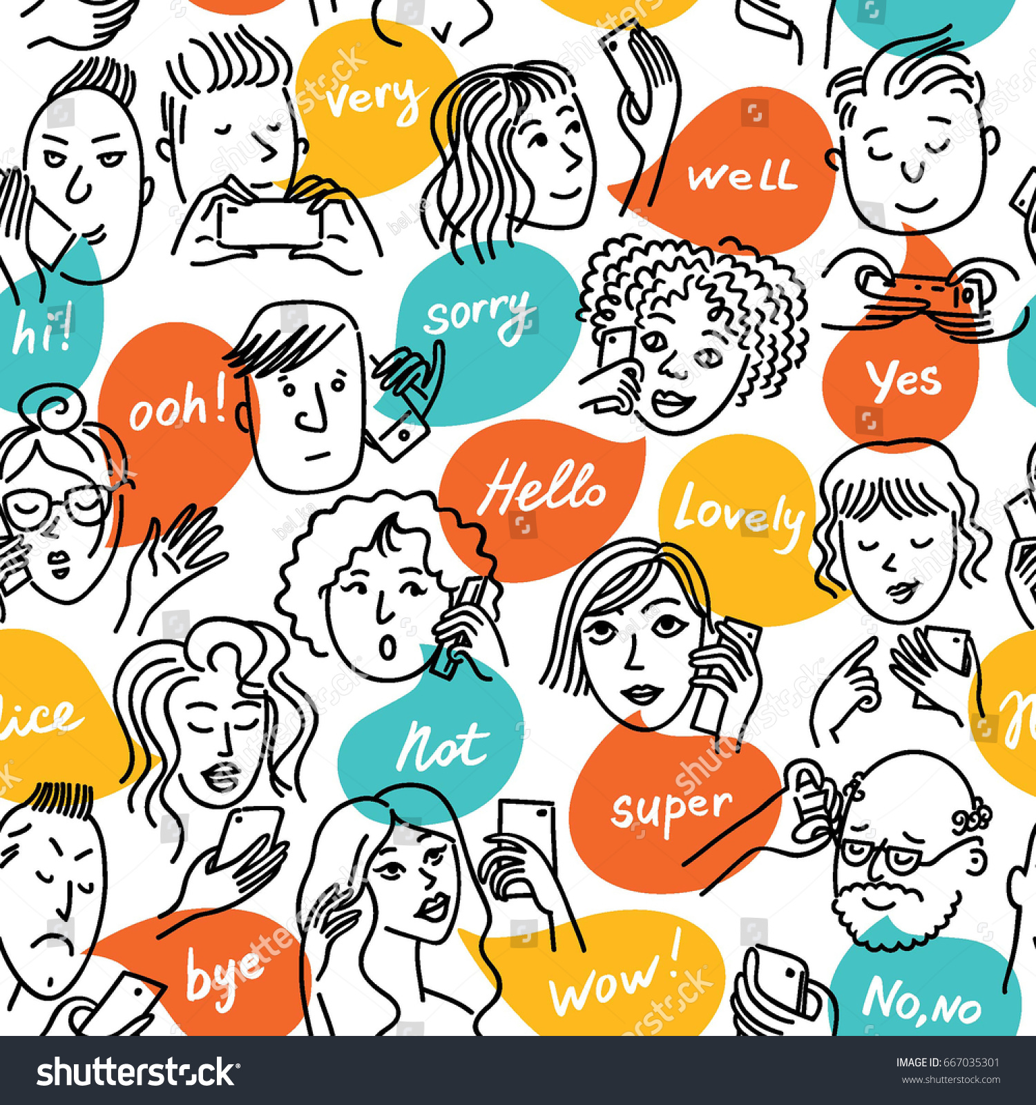 People talking on the phone  take a selfie  write a message. Seamless pattern.