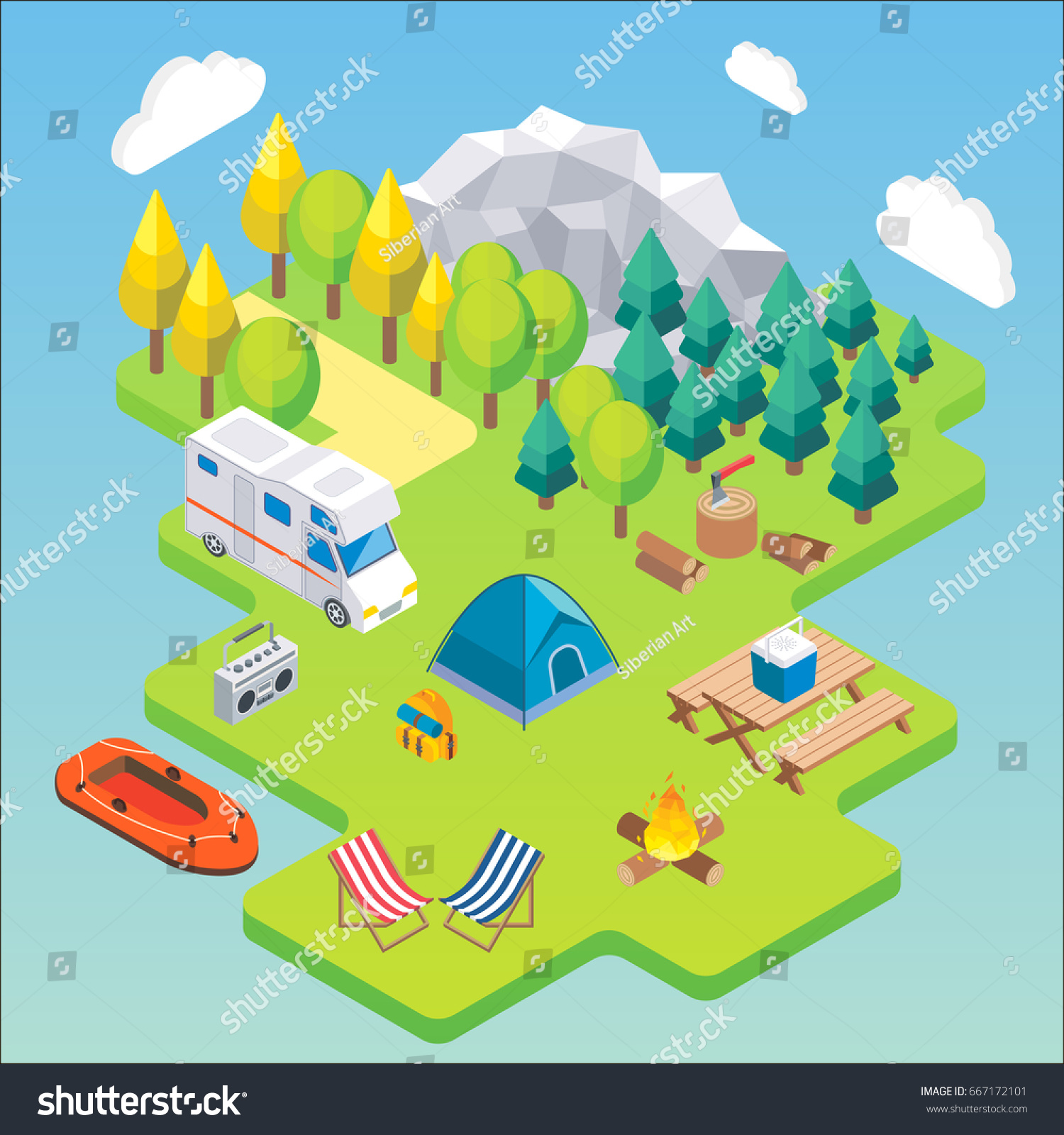 Camping isometric concept. Vector illustration in flat 3d style. Outdoor camp activity. Travel by camper in mountains.