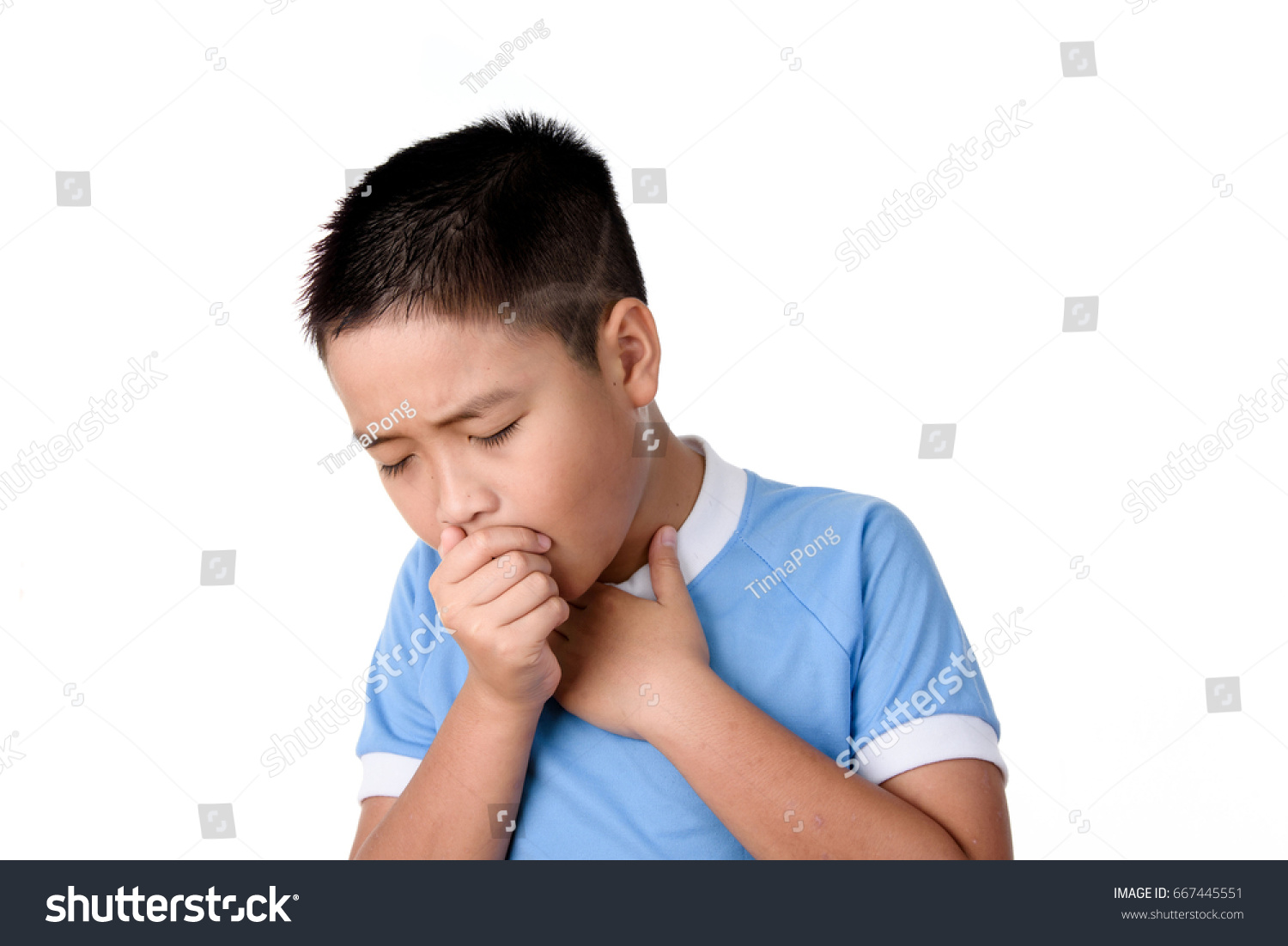 Young asian Thai boy has cough  isolated on white background.