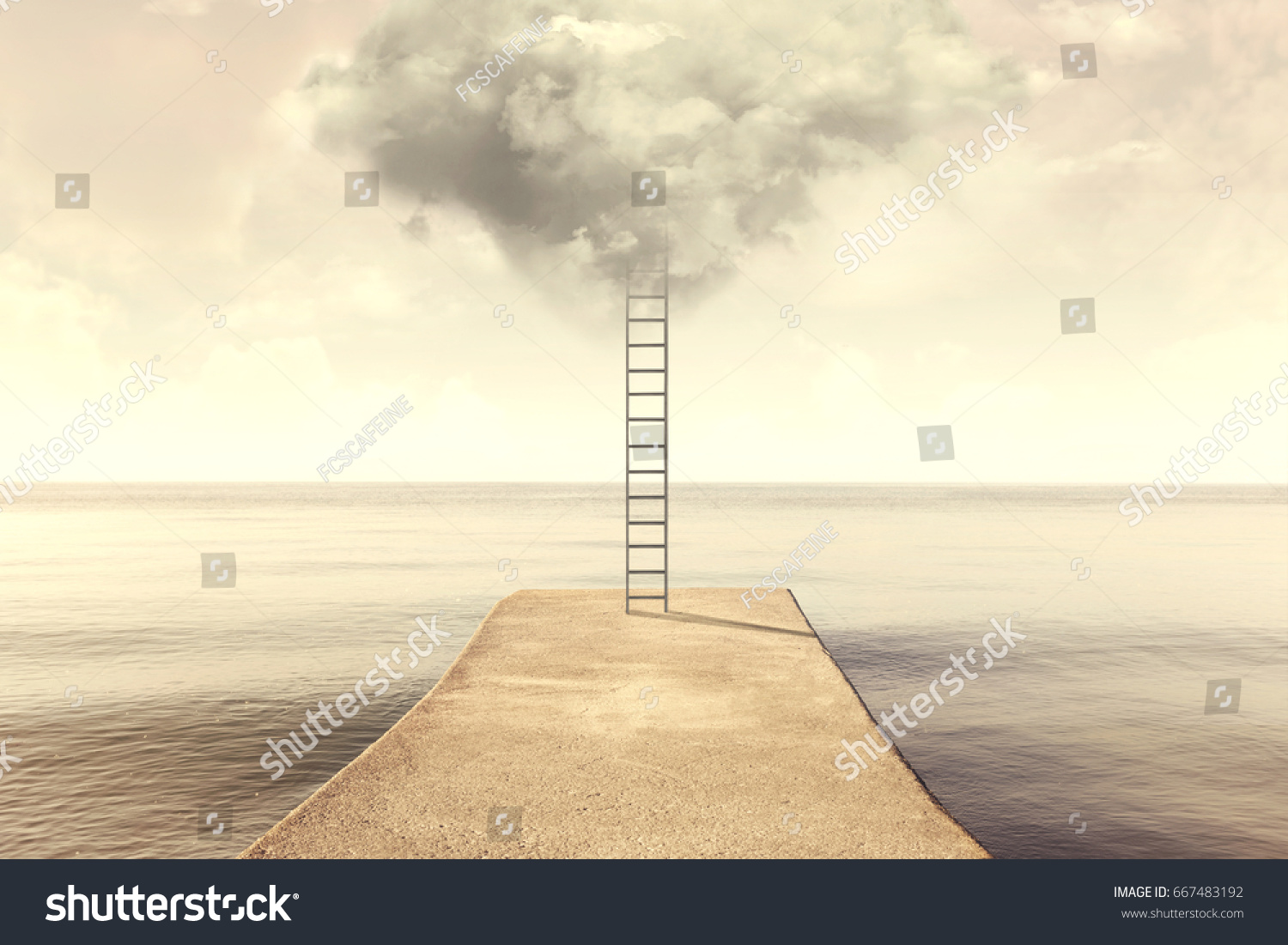 surreal ladder rises up into the sky in a silent sea landscape