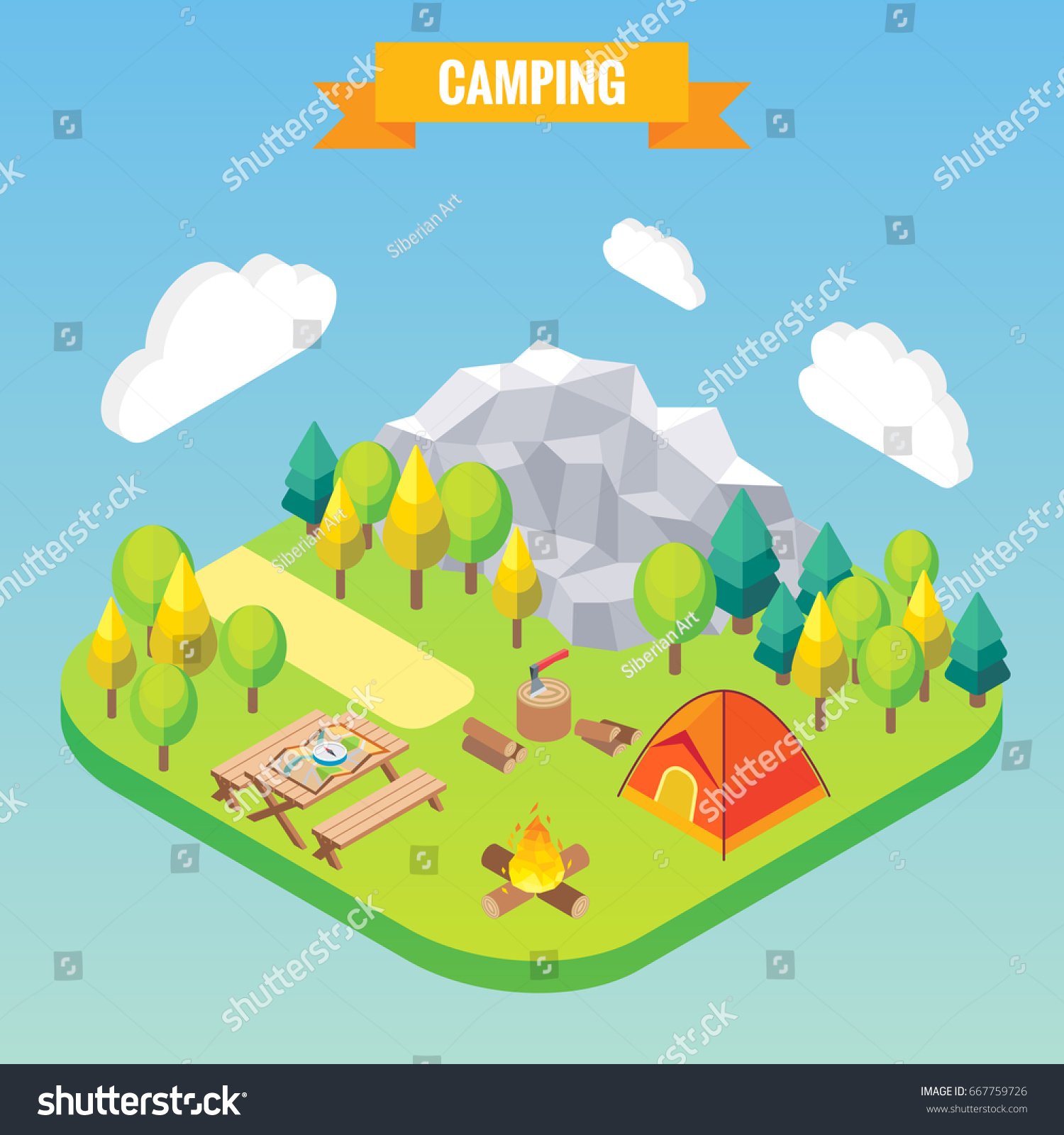 Camping isometric concept. Vector illustration in flat 3d style. Outdoor camp activity. Travel in mountains.