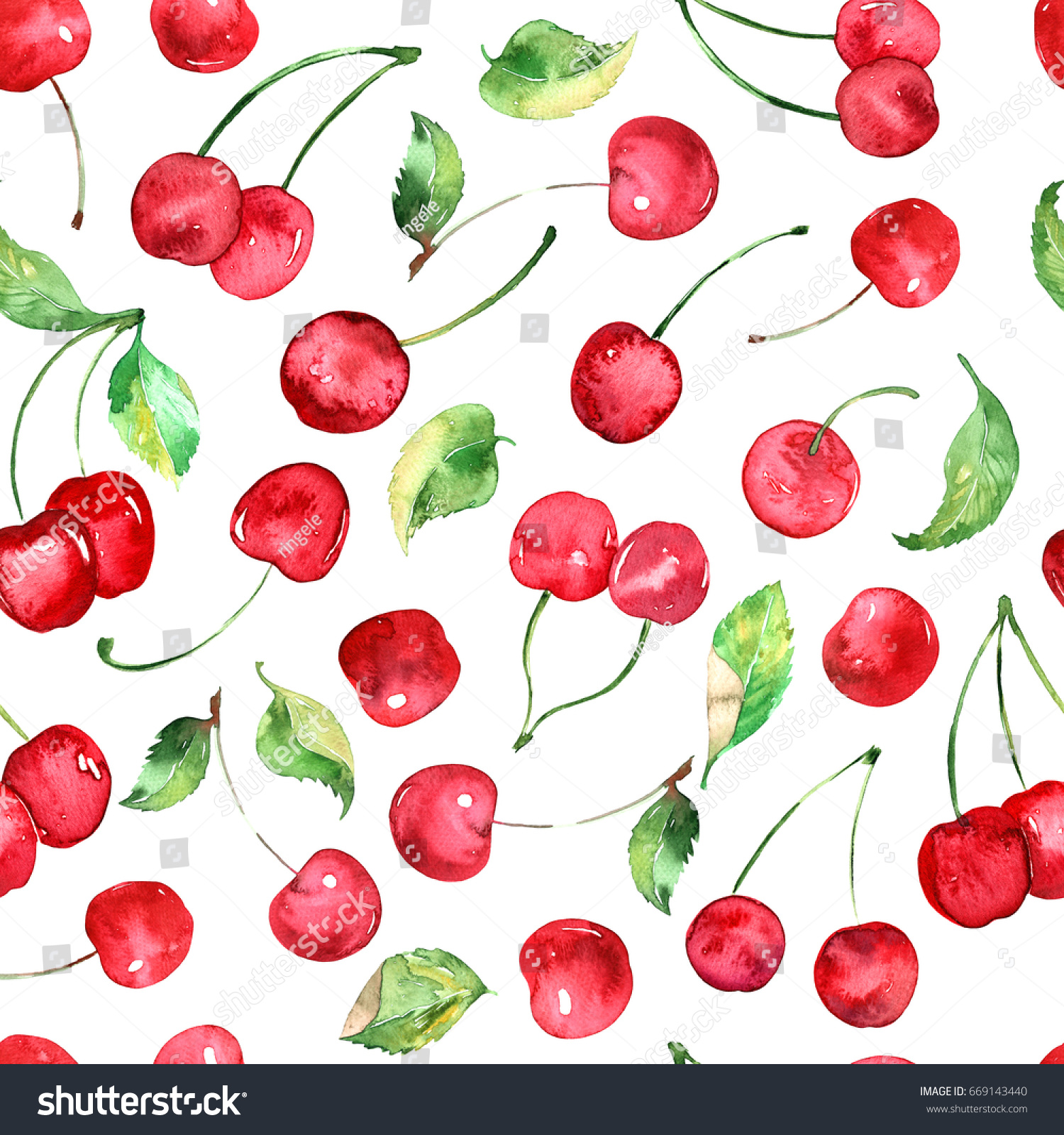 Watercolor Cherries fruit seamless pattern  wallpaper