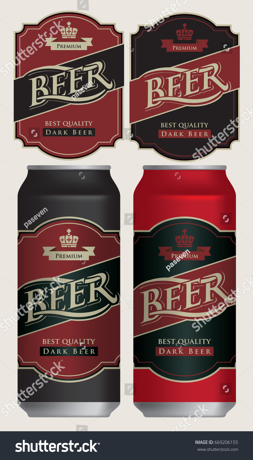 Two vector beer labels in retro style on black and red background. Templates labels for dark beer on beer cans.