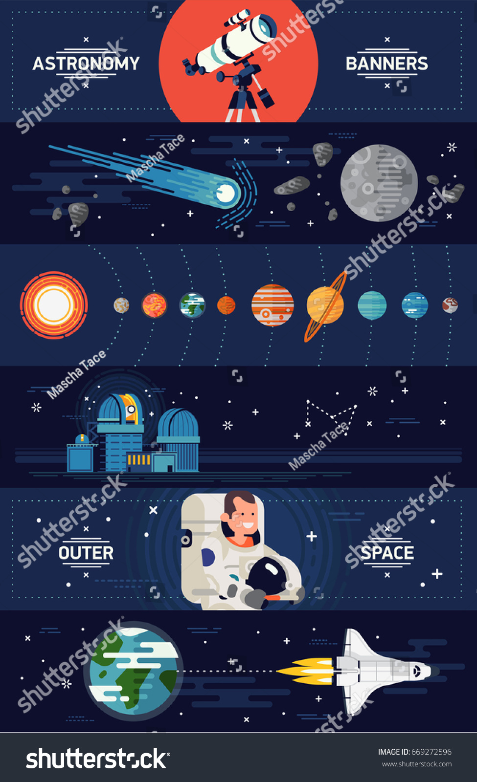Set of creative vector horizontal web banners templates on astronomy and space exploration with planets  comet  moon  telescope  astronaut  observatory  spacecraft shuttle and more