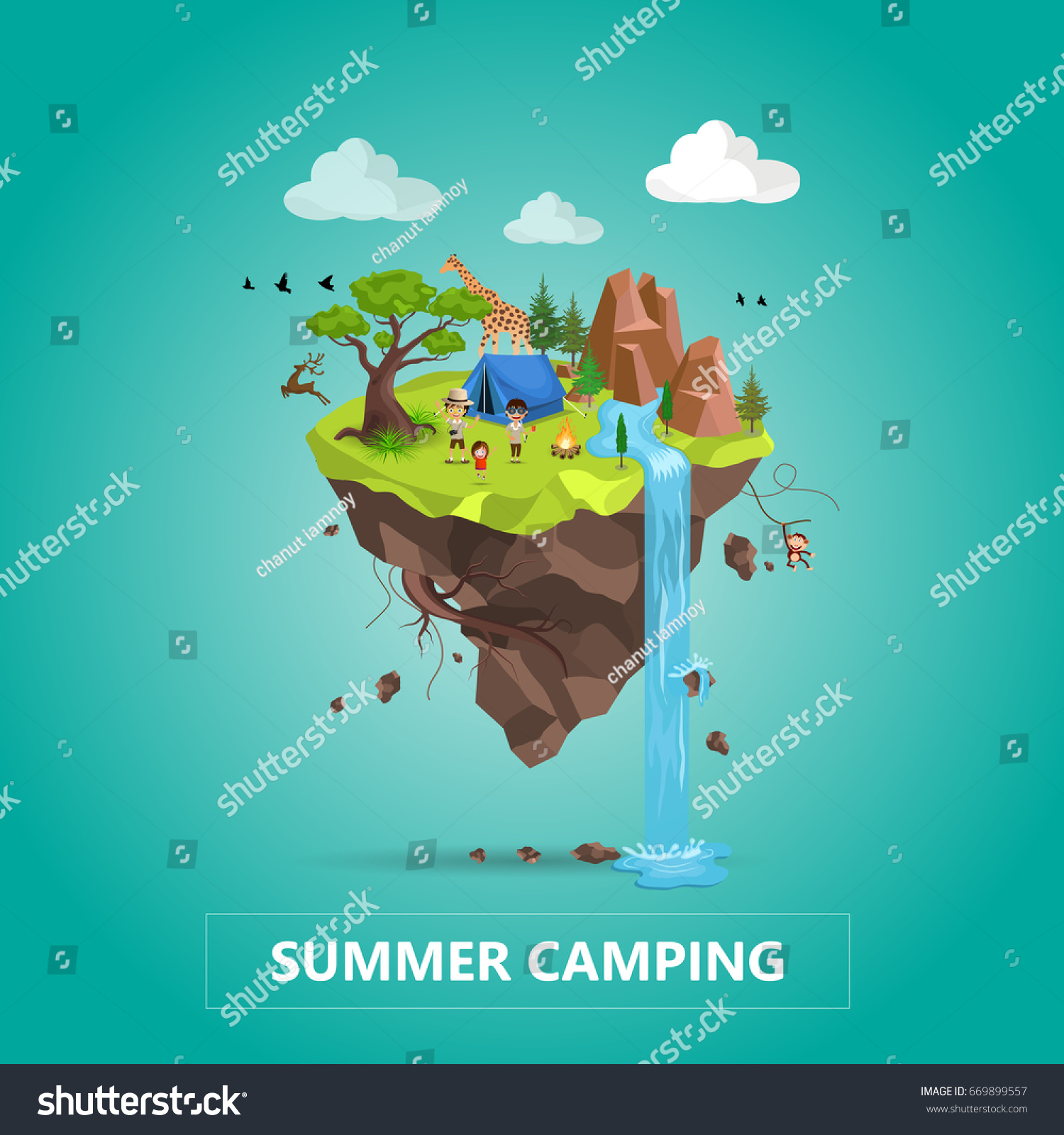 Family Travel and Tourism Concept. Natural Animal Landscape With Holiday Camp In Forest. Vector Isometric 3D Illustration.