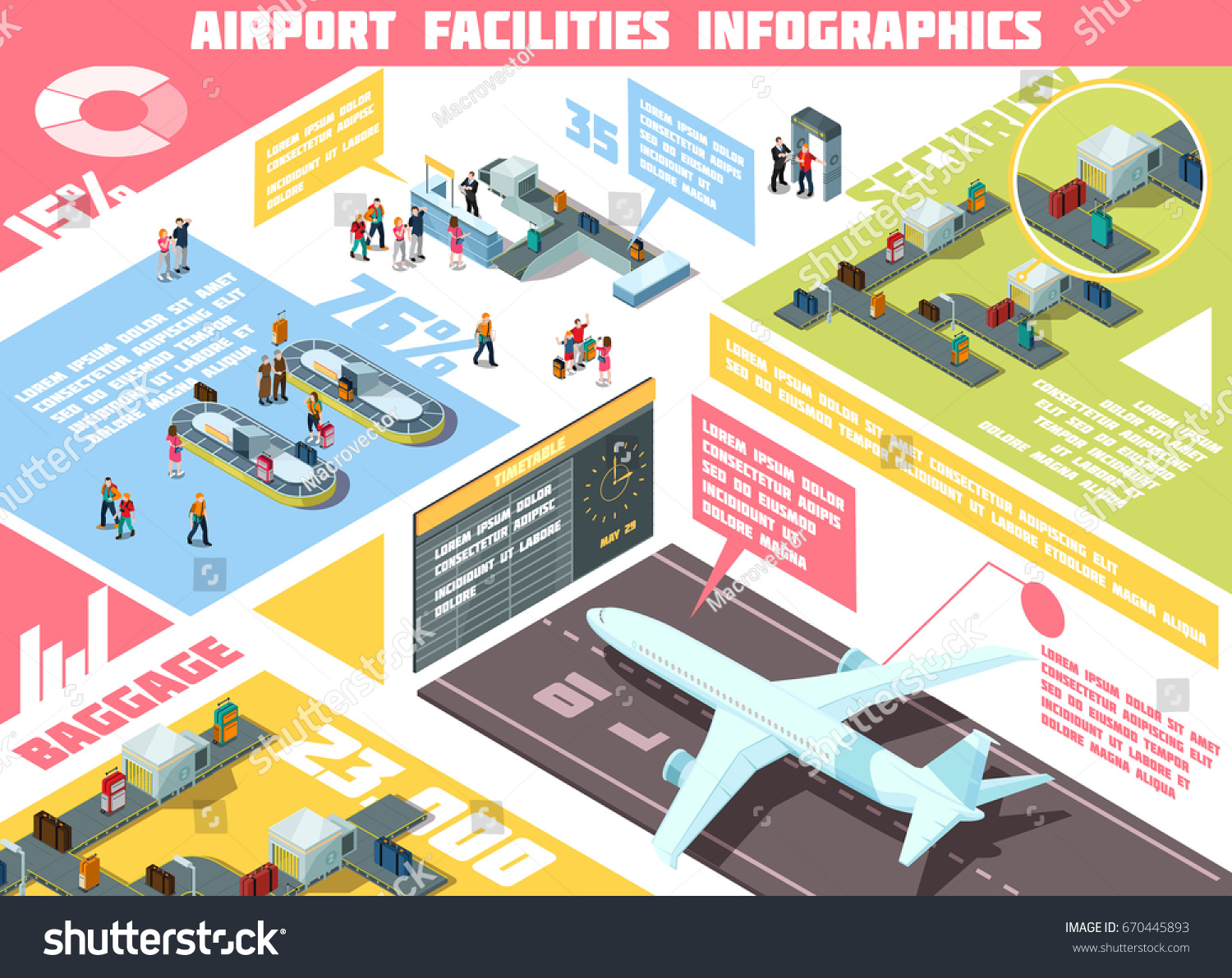 Isometric infographics with information about airport facilities including security system  baggage equipment  airplanes  tourist statistics vector illustration 