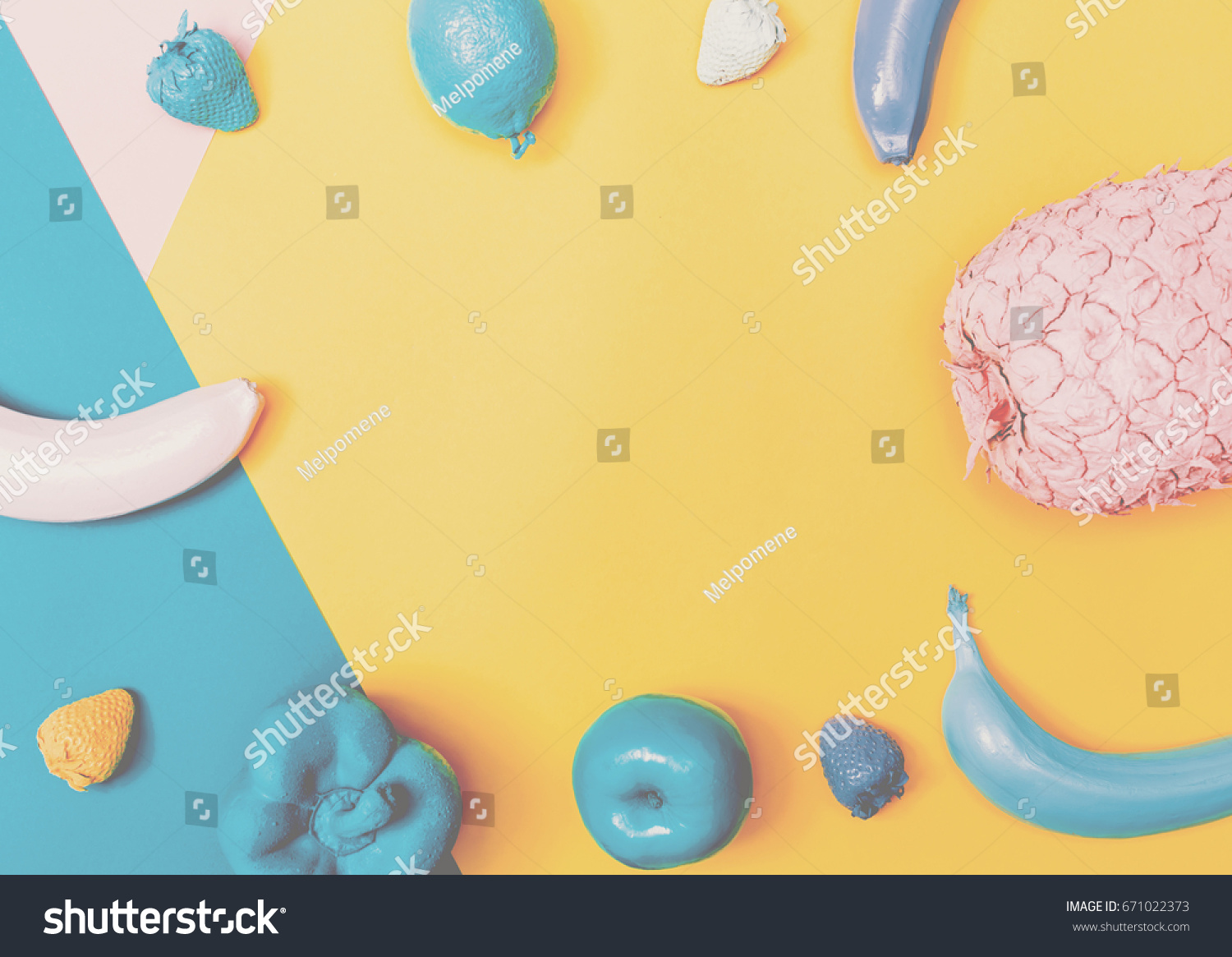 Painted fruit on a faded blue and yellow background
